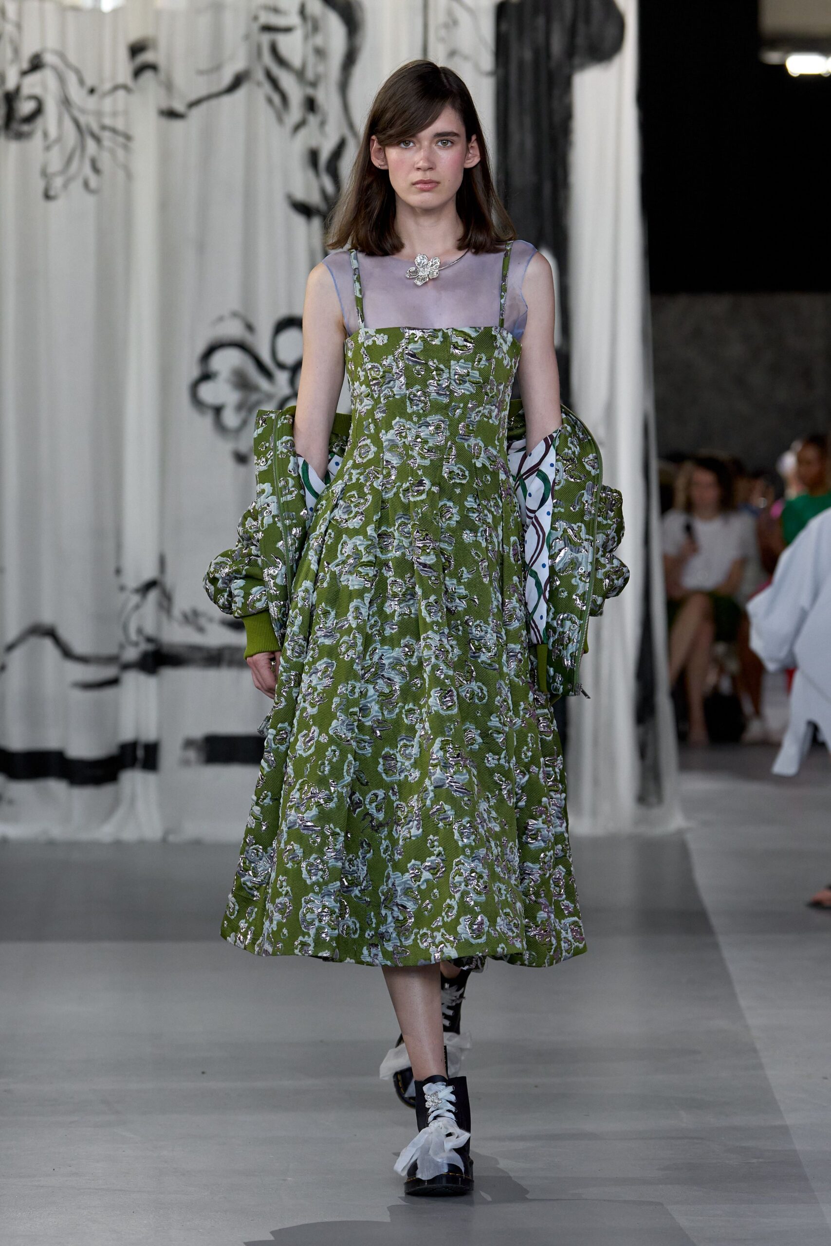 green cotton sleeveless square-neck fitted floral flared dress