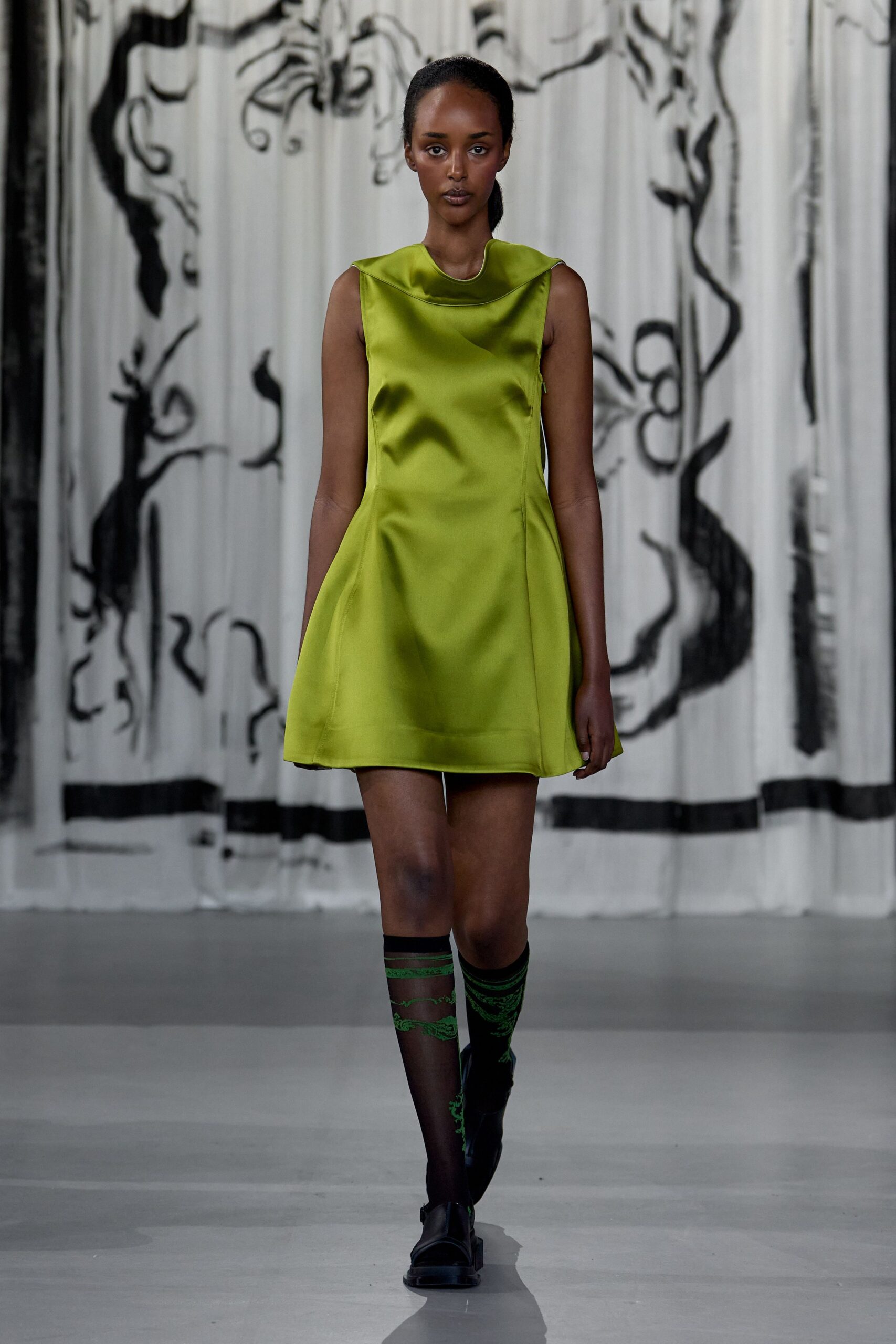 green satin sleeveless high-neck fitted a-line mini dress