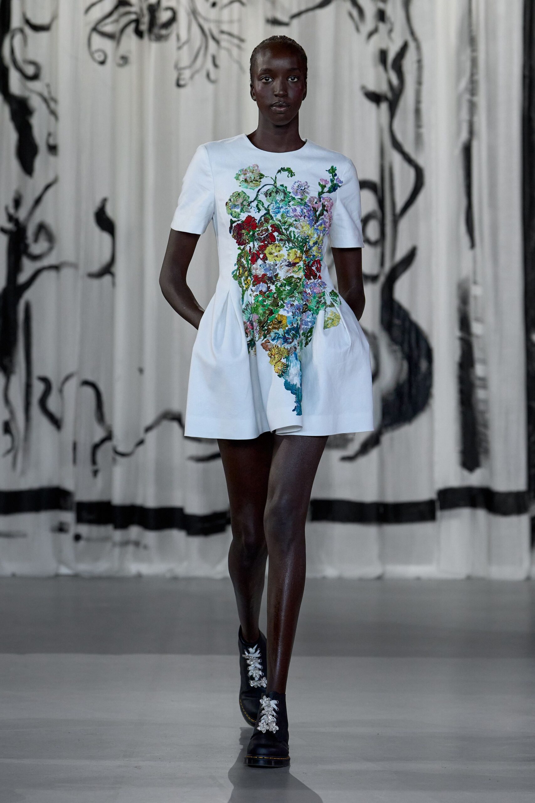 white cotton short-sleeve collared fitted pleated embroidered dress