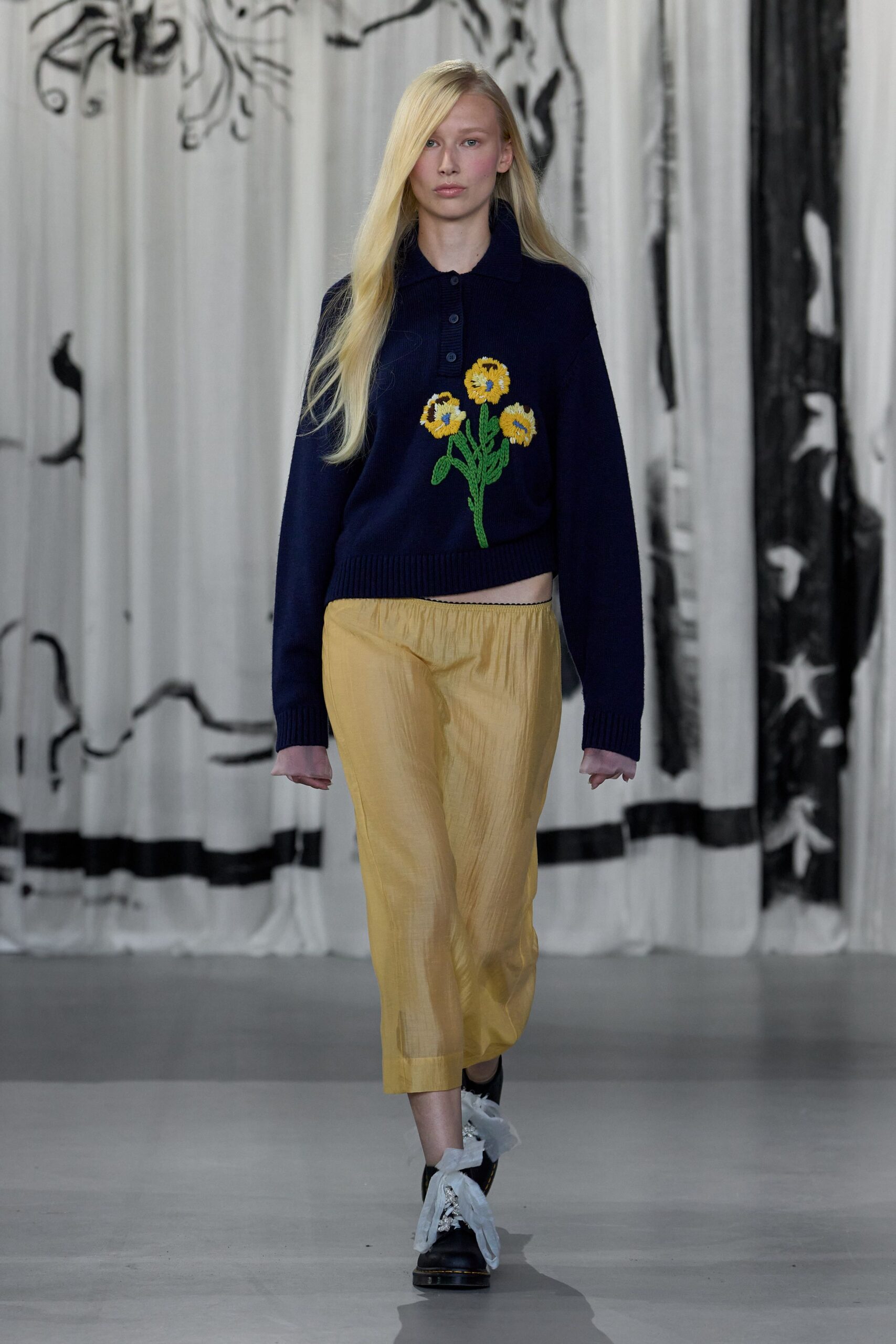 yellow cotton relaxed pleated pants