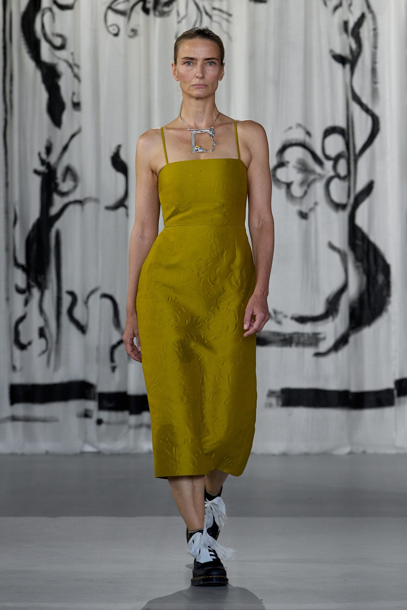 yellow cotton sleeveless square-neck fitted embroidered midi dress