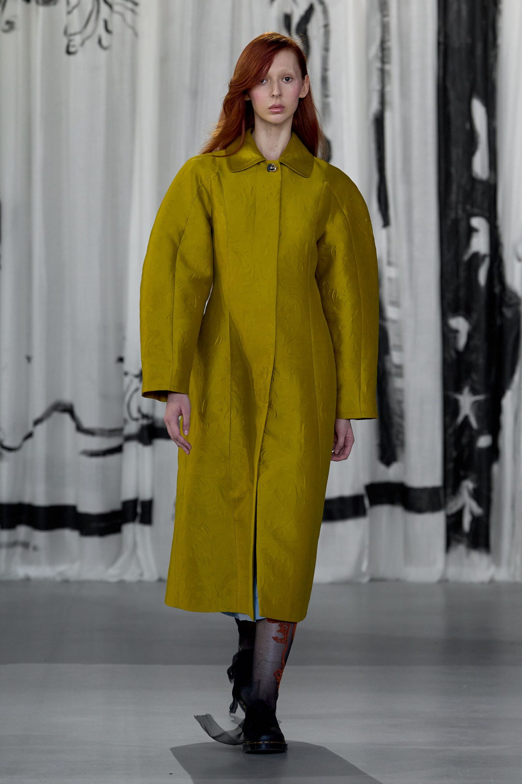 yellow cotton long-sleeve collared relaxed embroidered midi coat