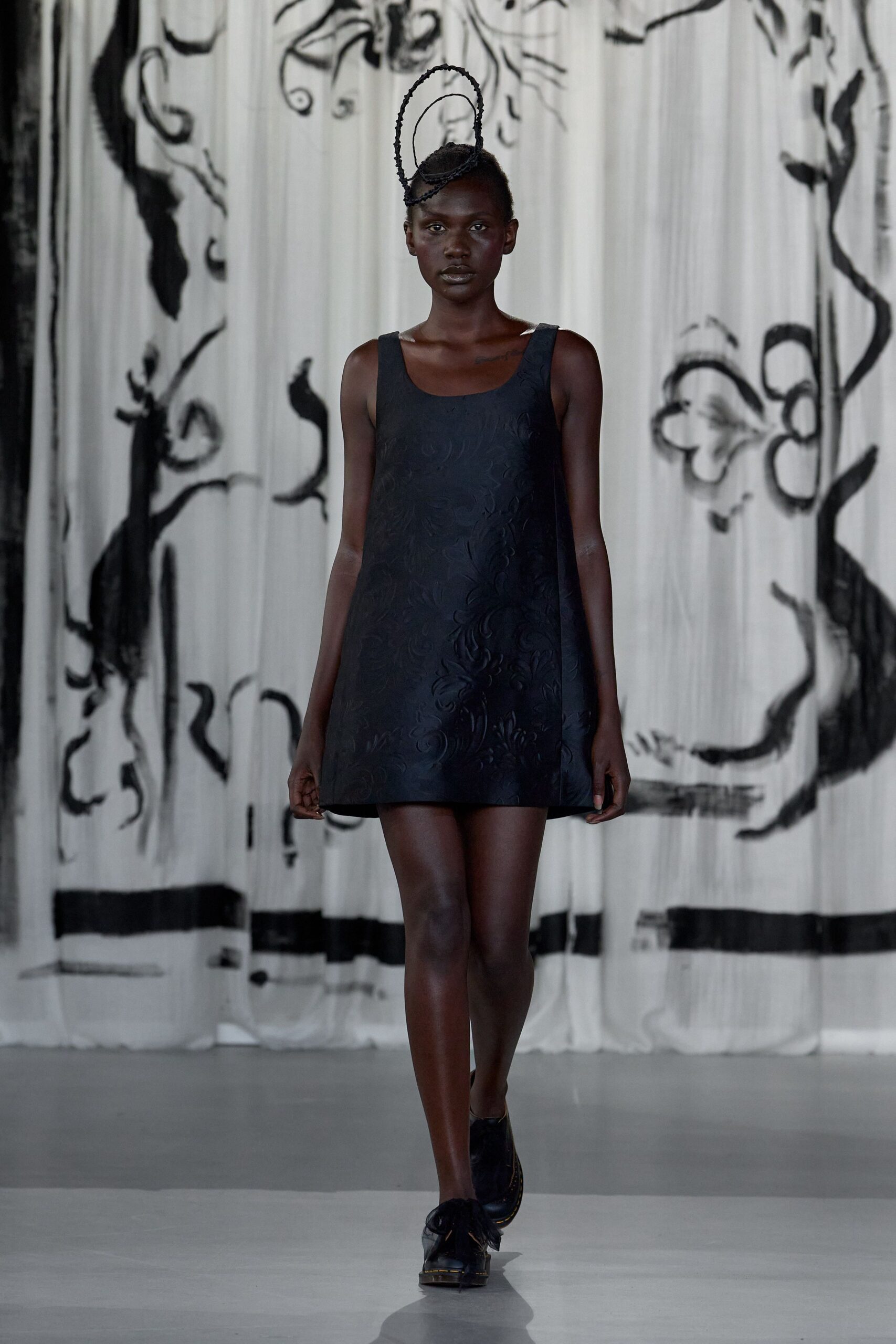black cotton sleeveless scoop-neck fitted textured mini dress