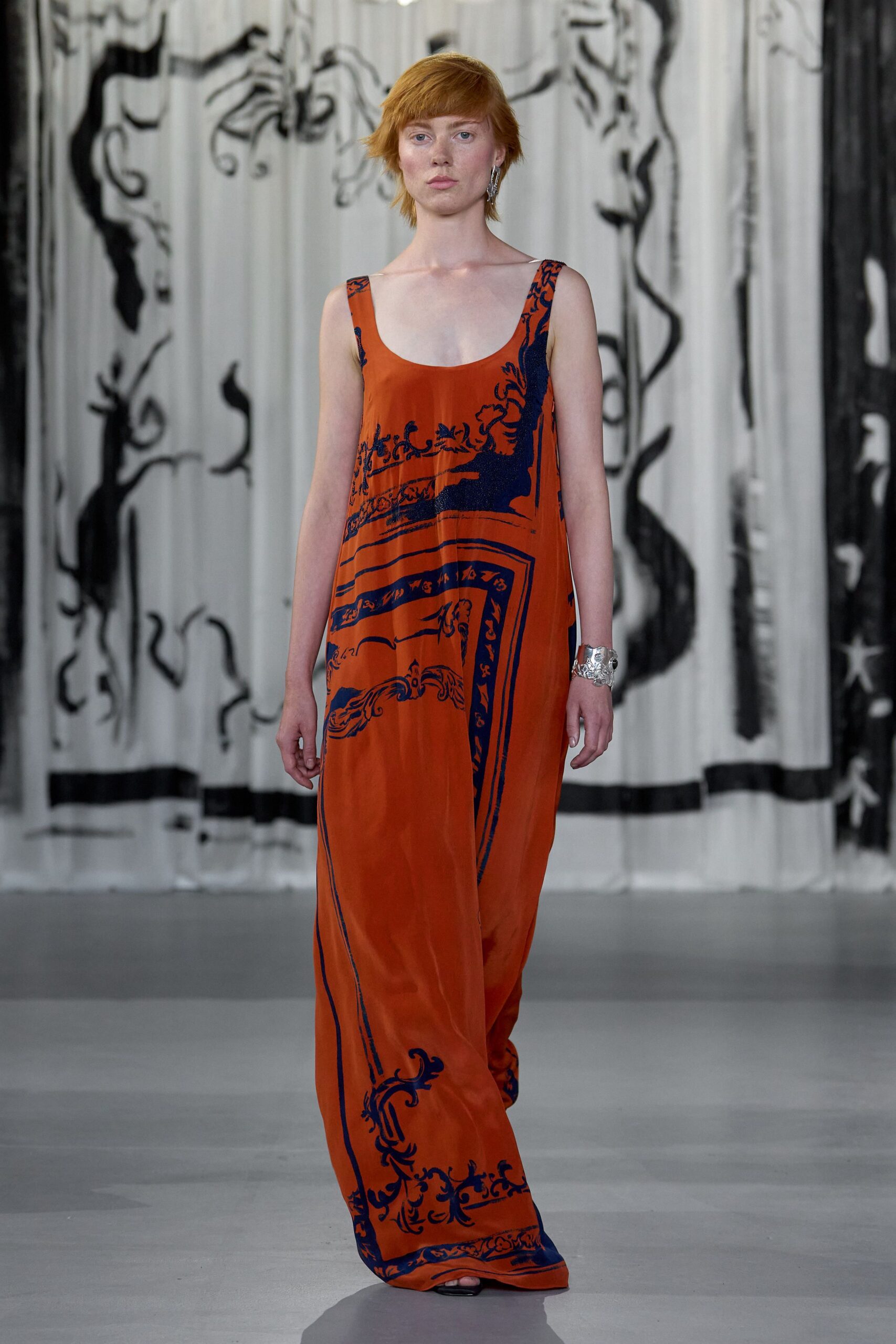 orange printed sleeveless dress