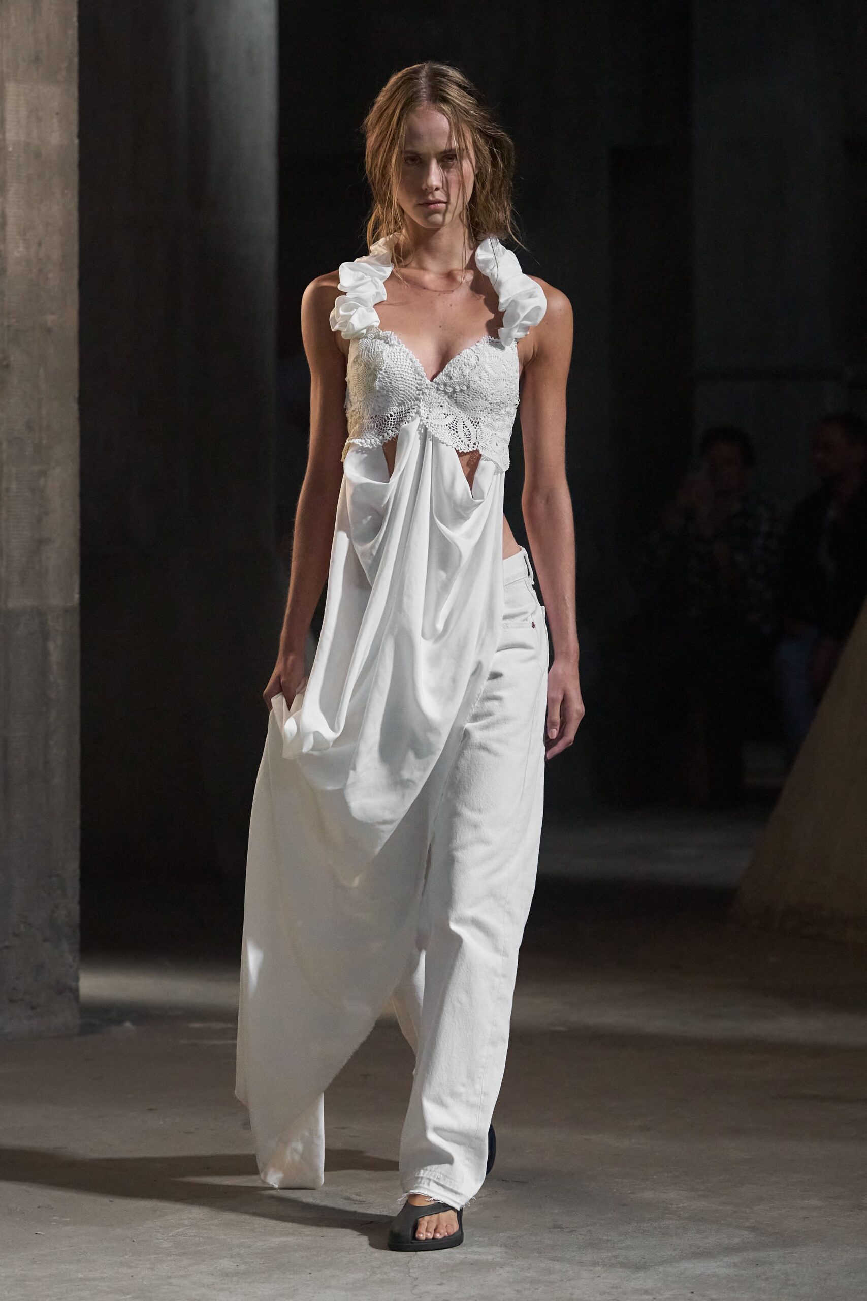 white silk sleeveless v-neck fitted ruffled draped dress