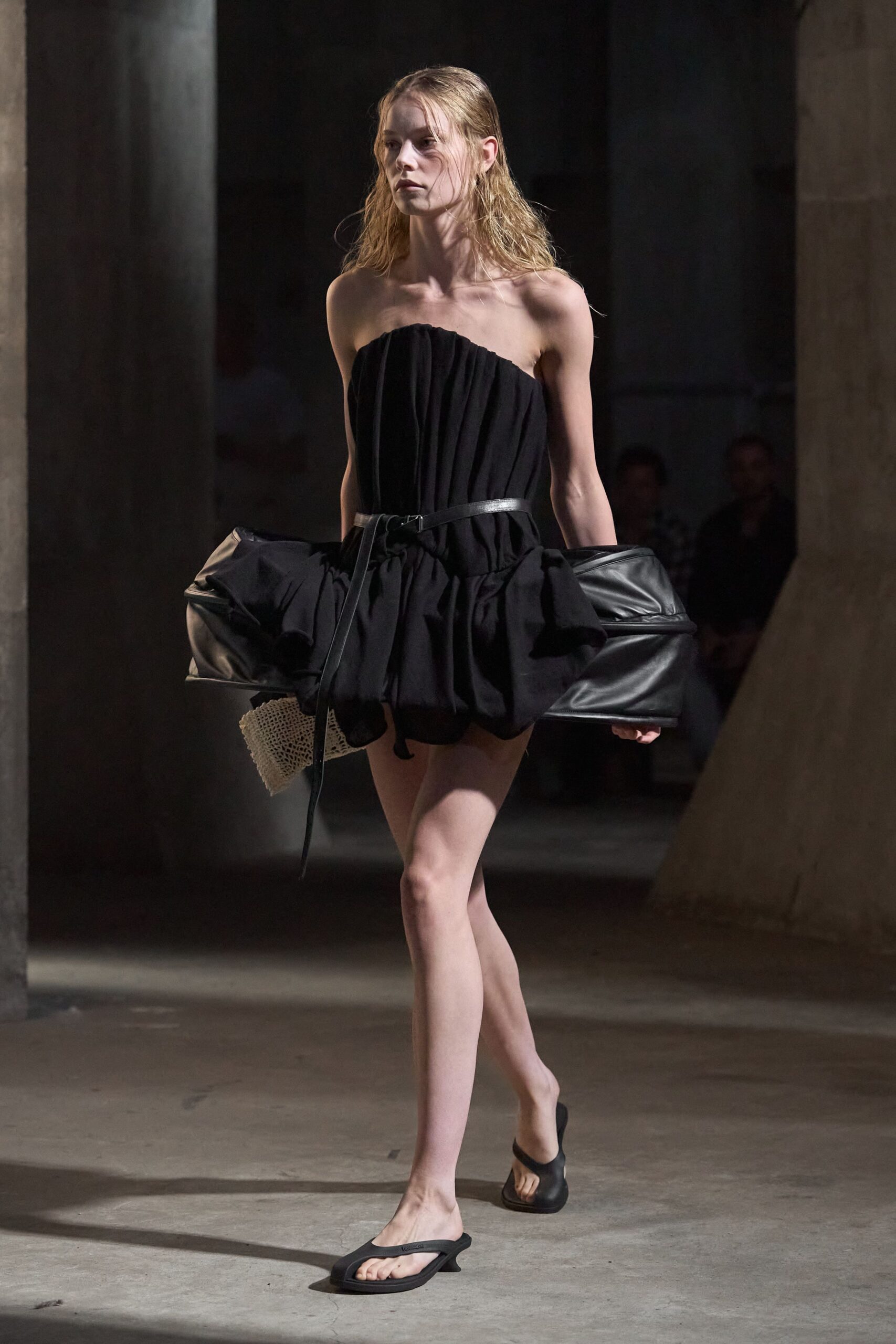 black cotton strapless fitted pleated mini dress