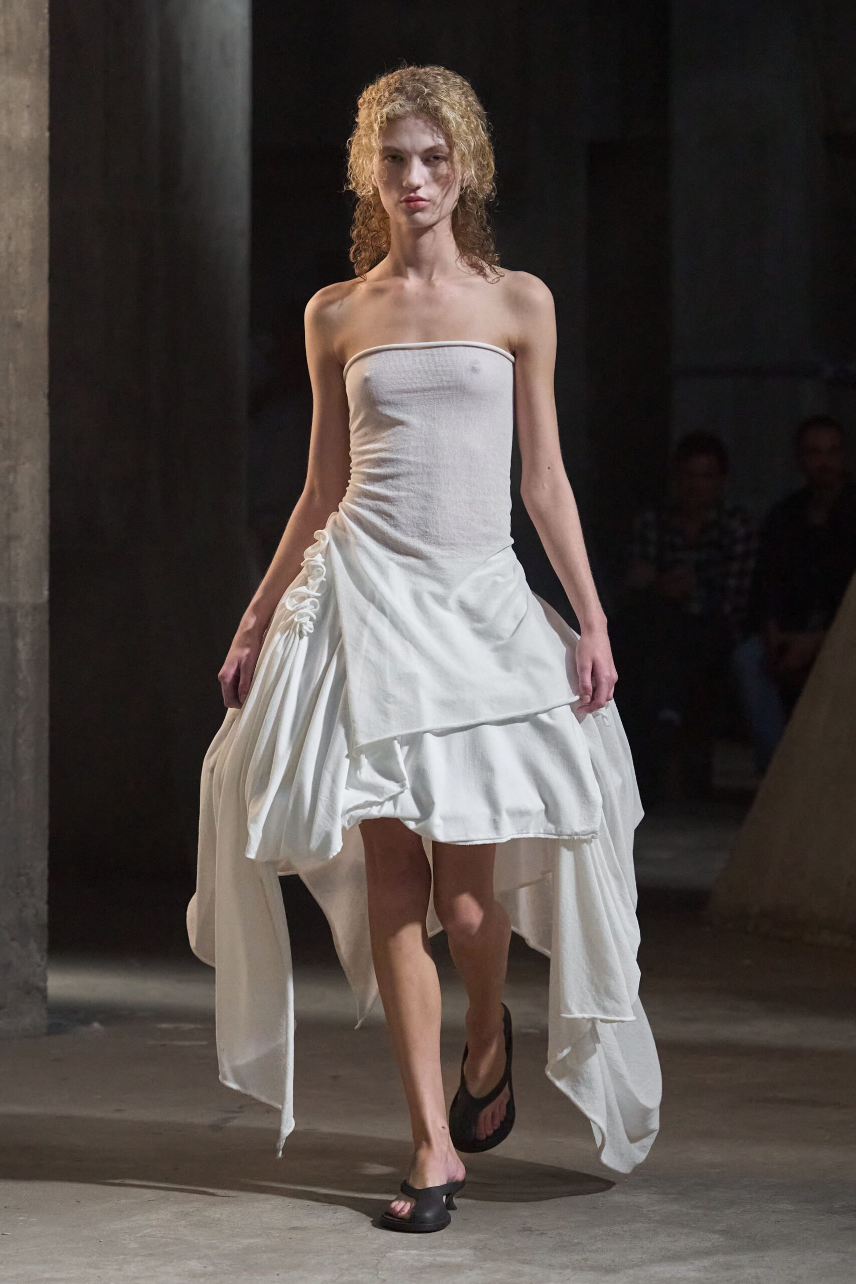white cotton strapless fitted draped tiered midi dress