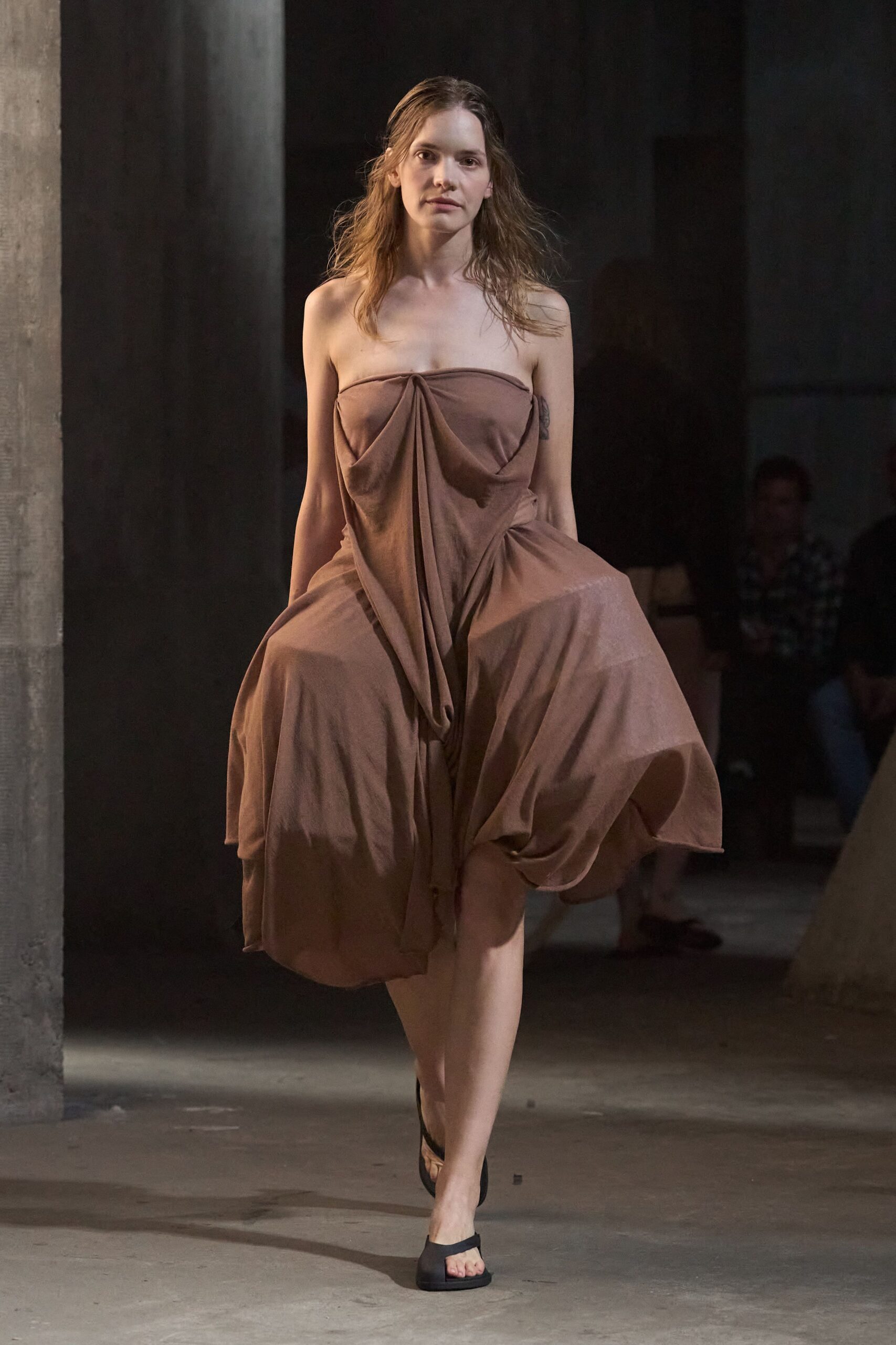 brown silk strapless relaxed draped midi dress