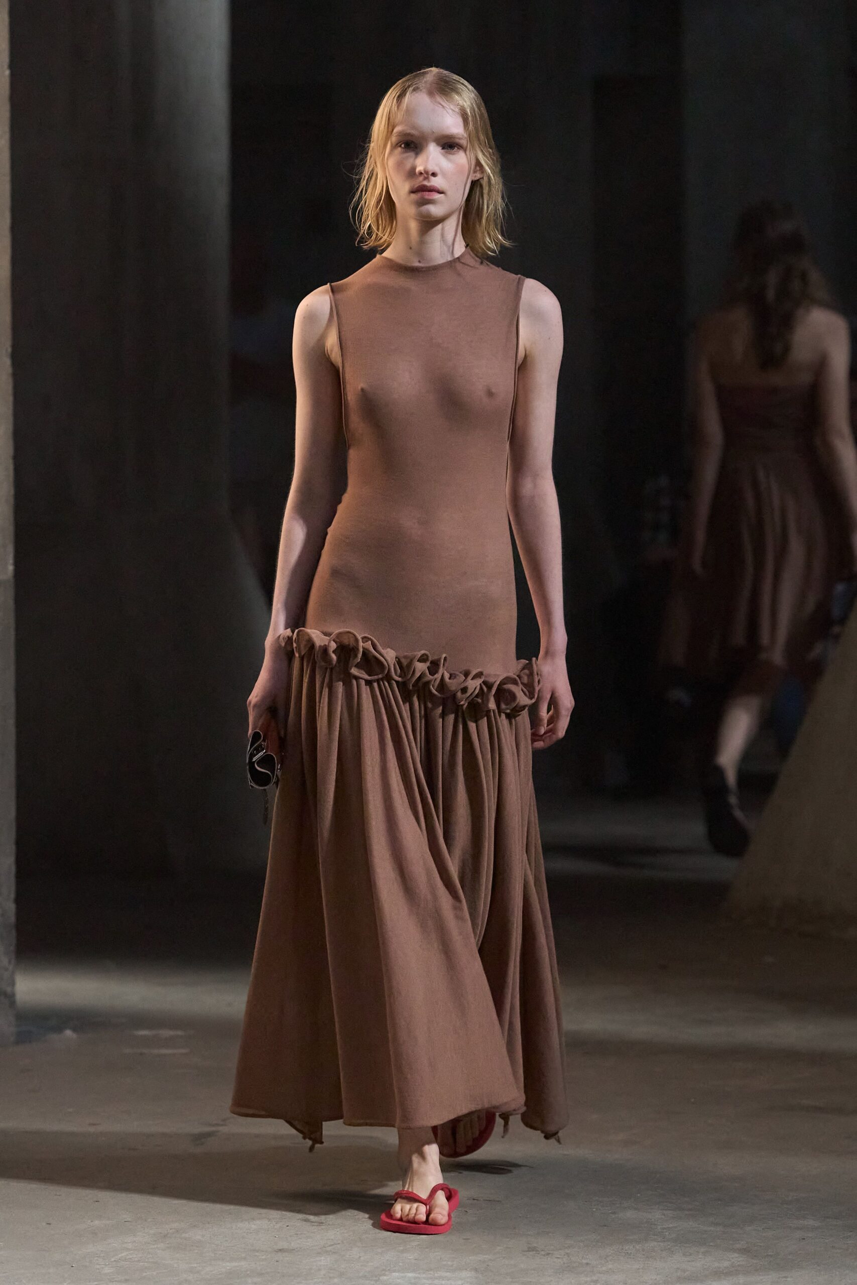 brown cotton sleeveless high-neck fitted ruffled maxi dress