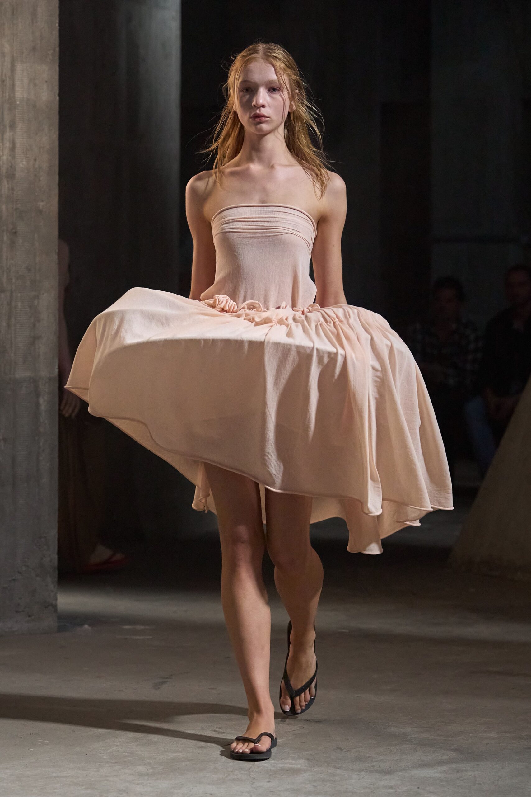 pink cotton sleeveless strapless fitted tiered flowing dress
