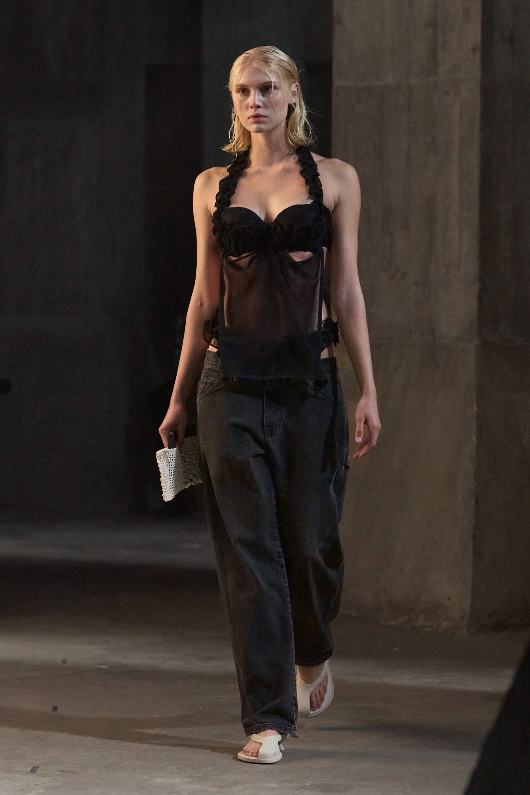 black silk sleeveless v-neck fitted ruffled sheer top