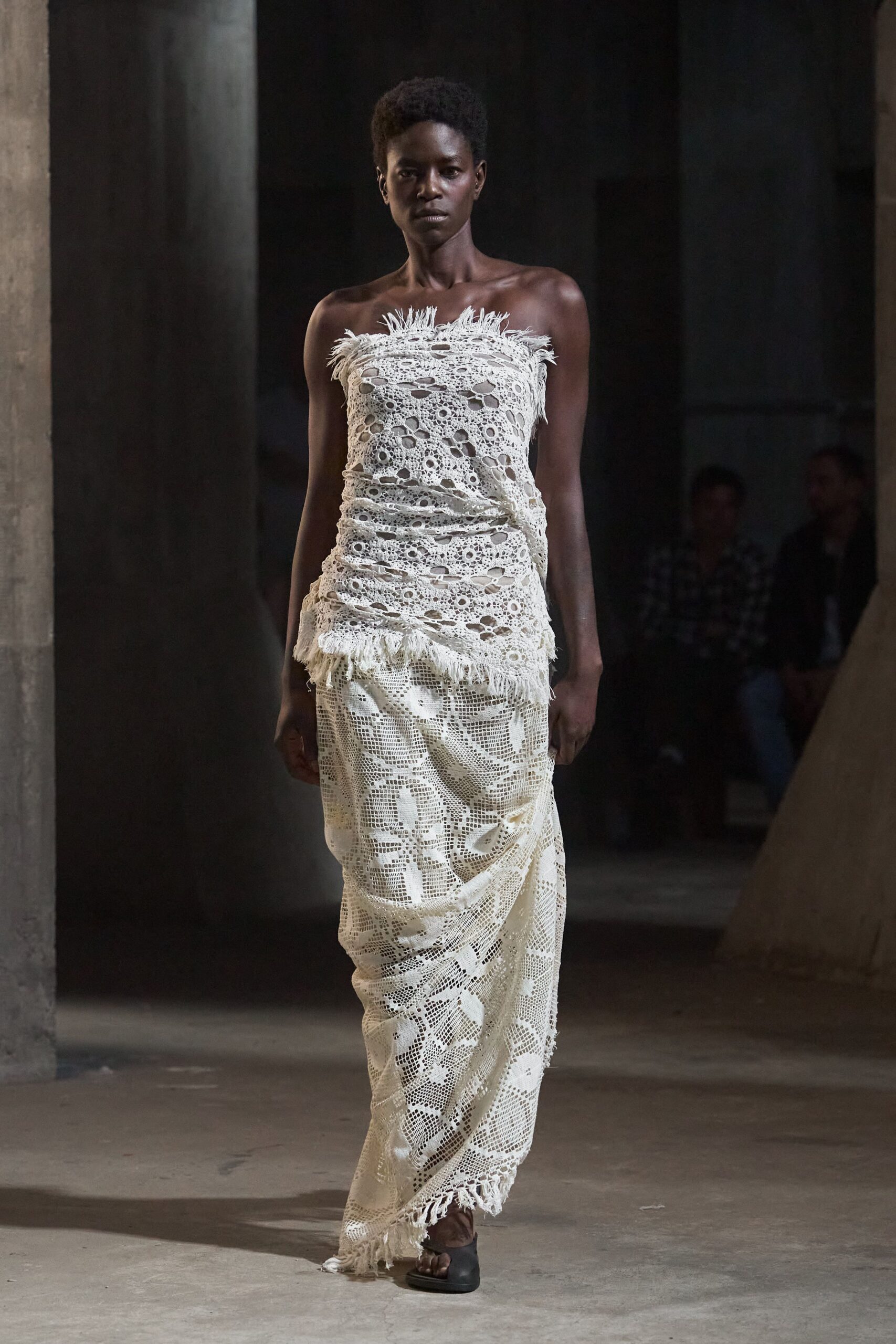 white lace sleeveless strapless fitted ruffled layered dress