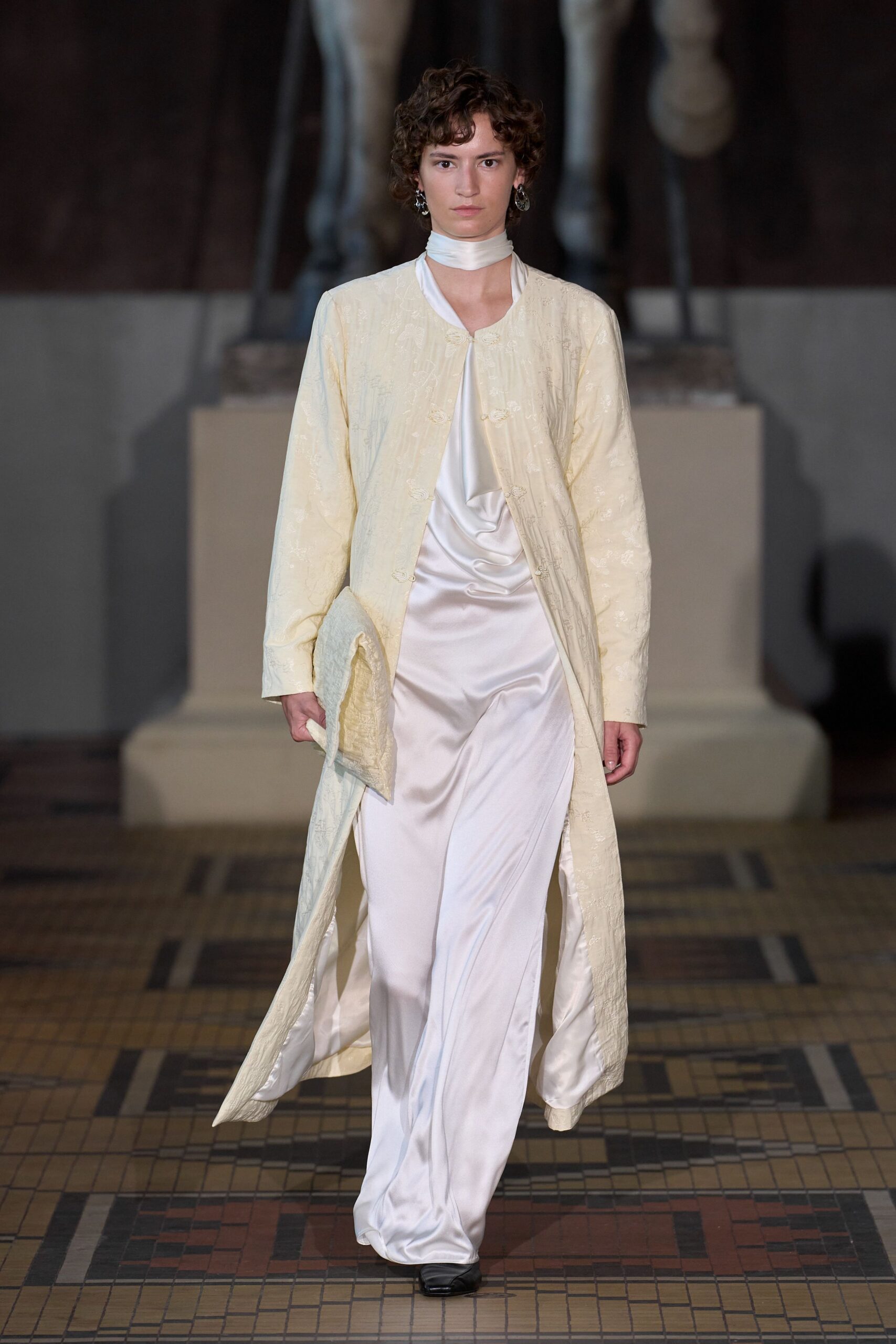 yellow silk long-sleeve collared relaxed embroidered coat