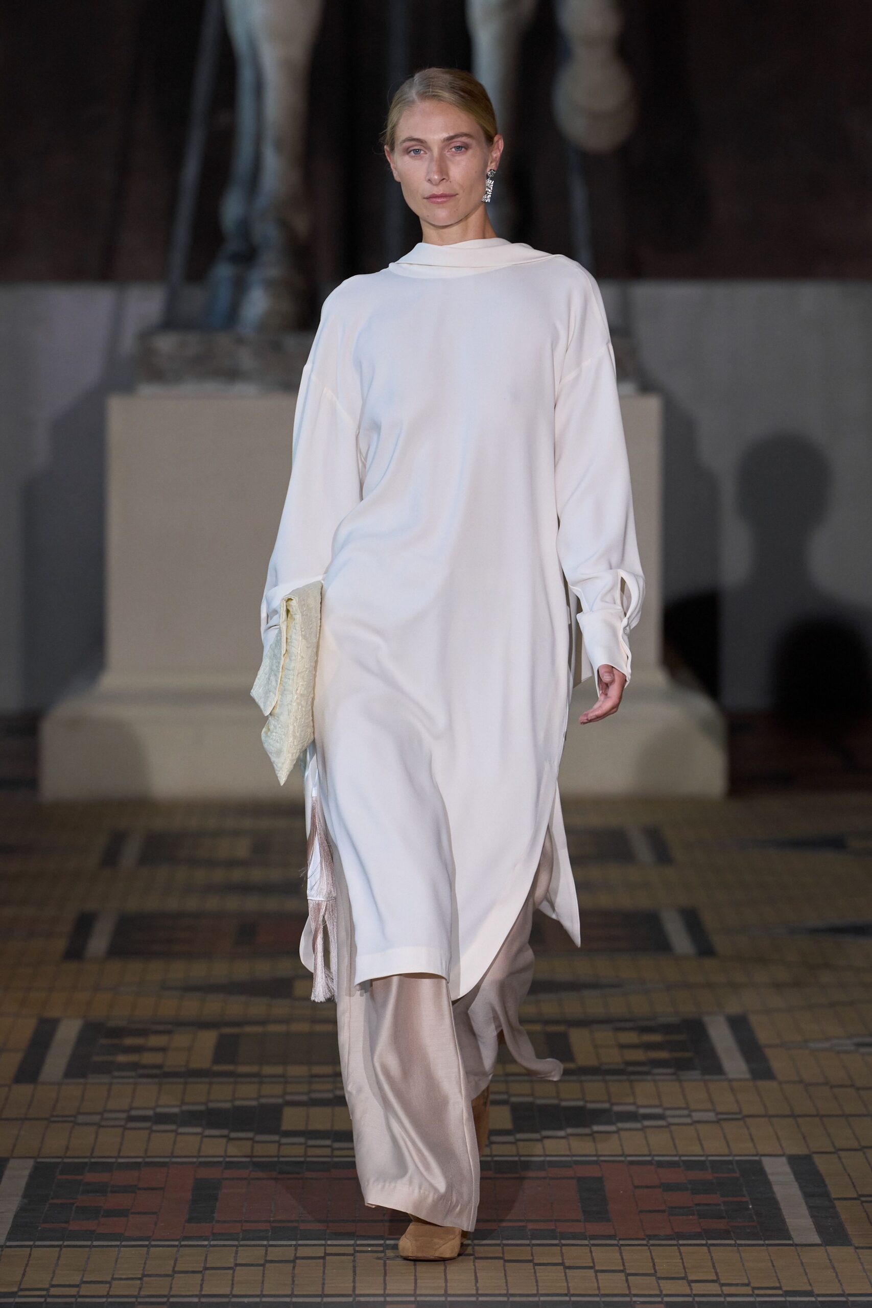 white silk long-sleeve high-neck relaxed layered midi dress