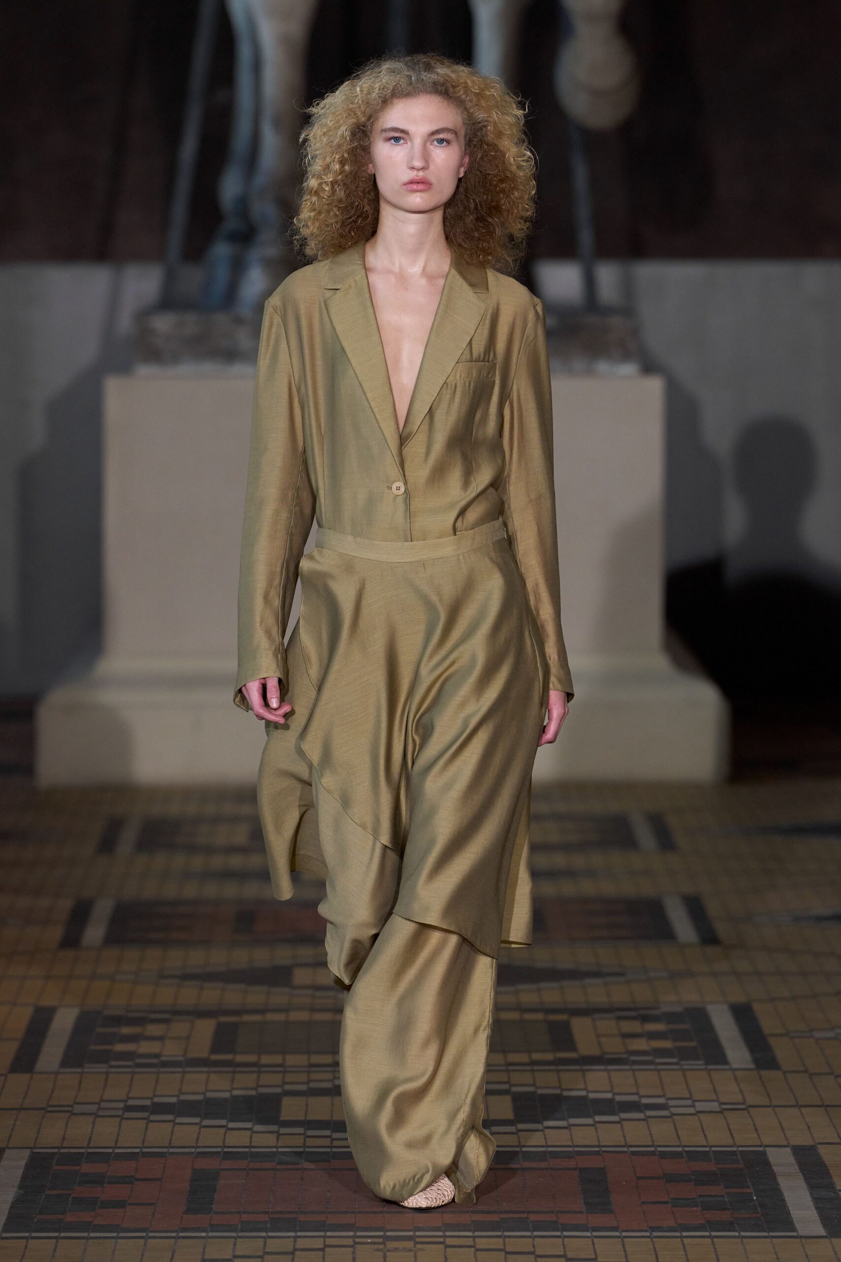 gold silk long-sleeve v-neck relaxed draped flowing jumpsuit