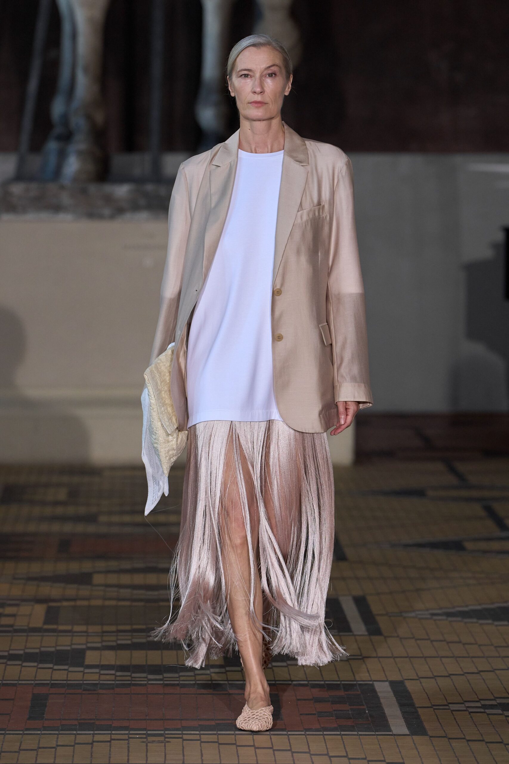 beige silk long-sleeve collared structured buttoned blazer