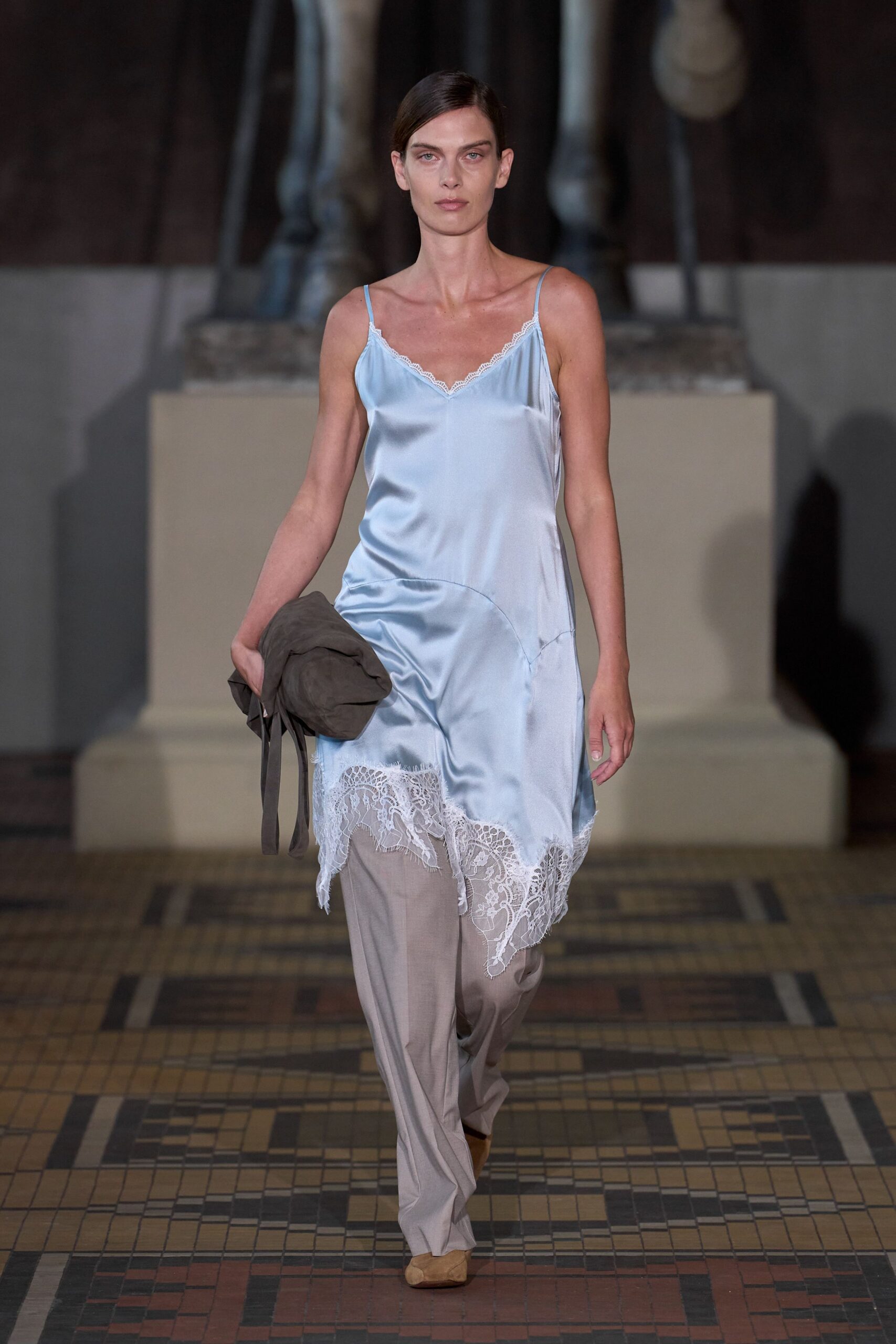 blue silk sleeveless v-neck fitted layered midi dress