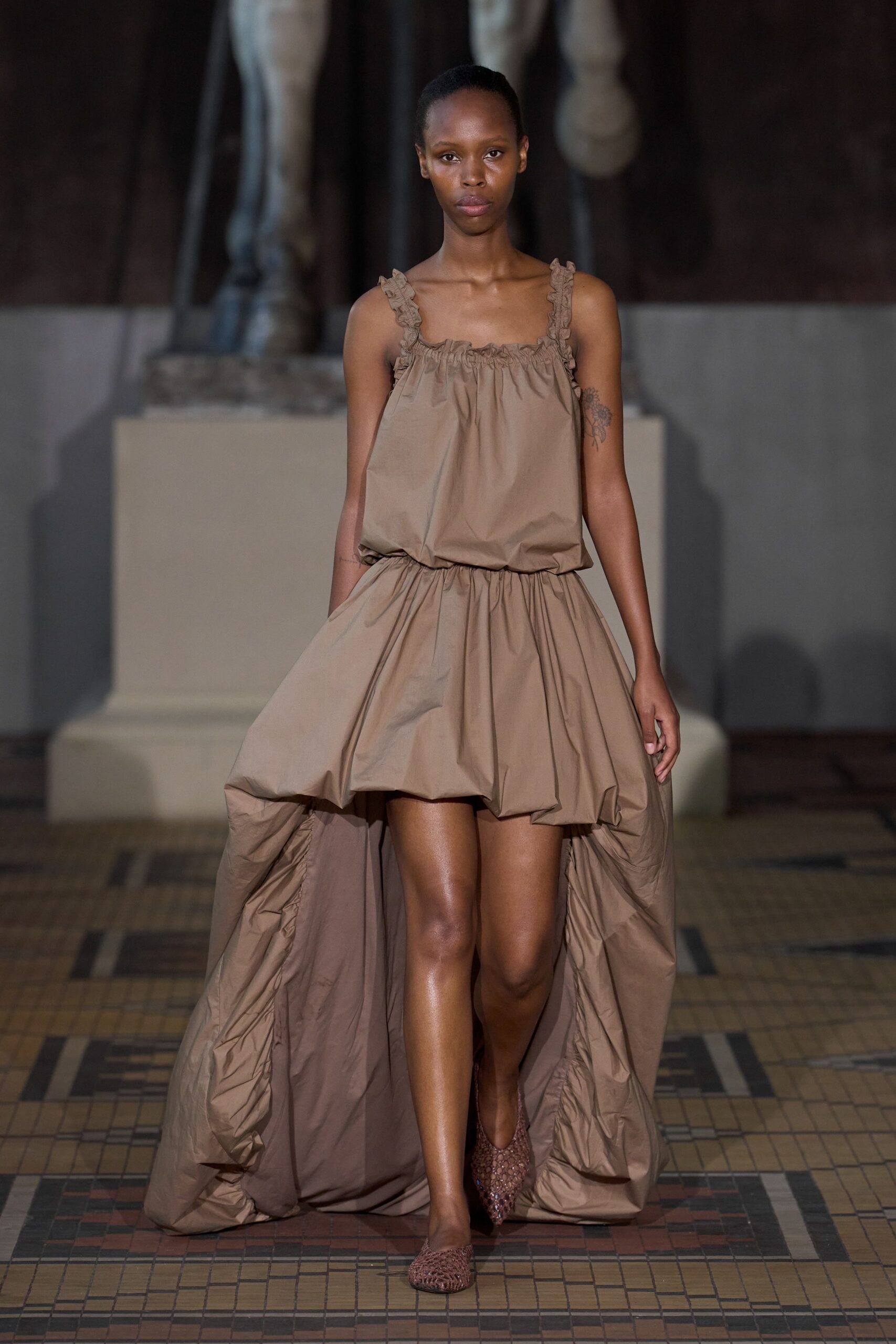brown cotton sleeveless fitted pleated tiered mini dress