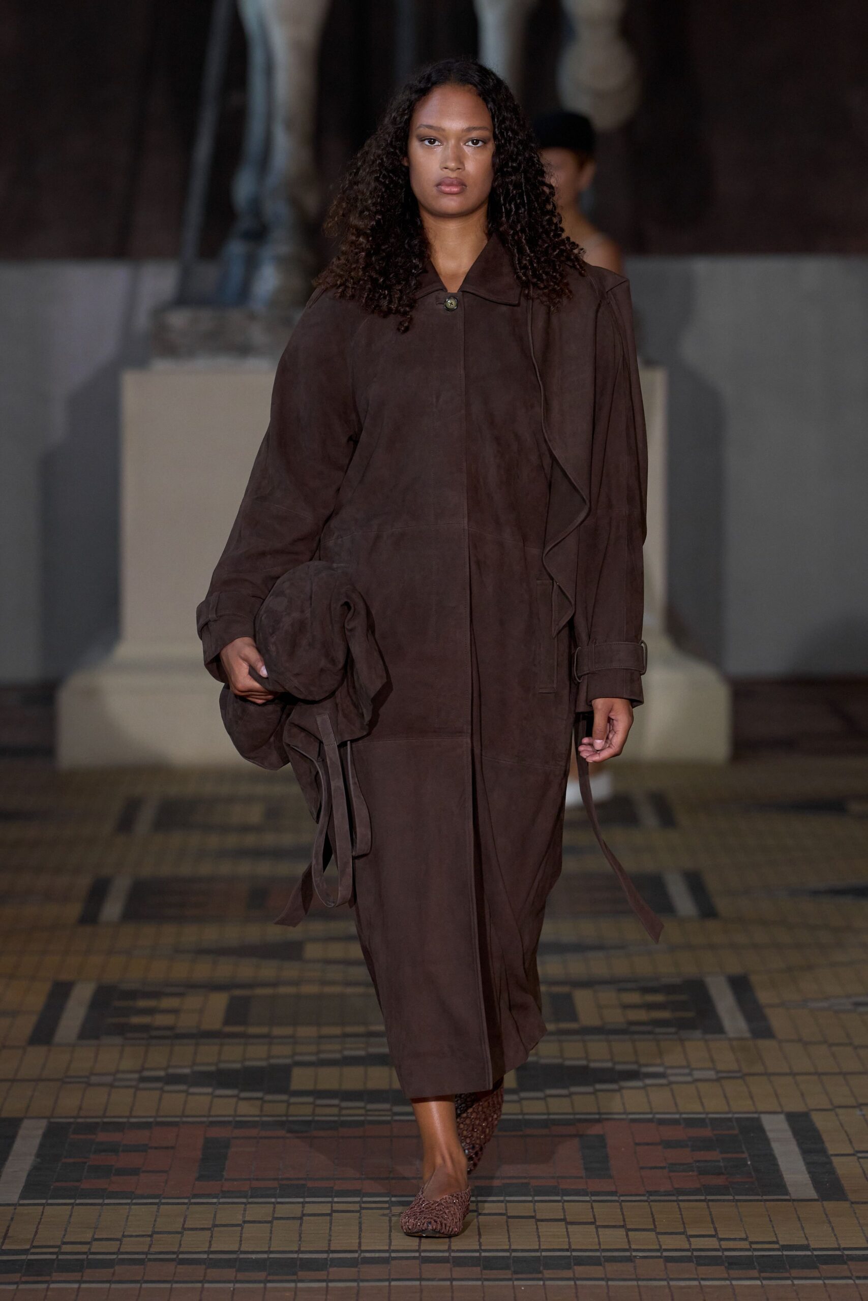 brown suede long-sleeve collared relaxed belted midi dress