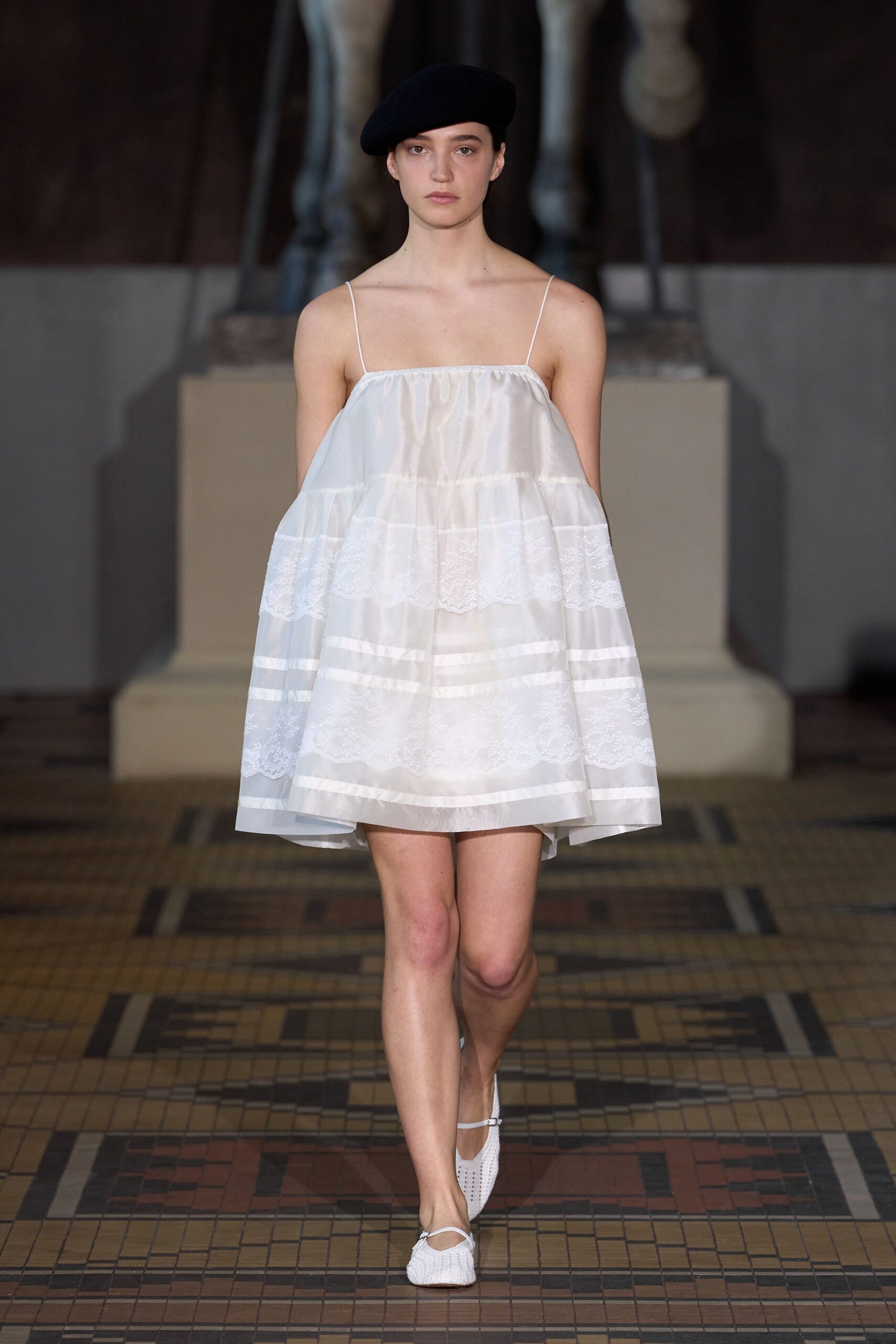 white silk sleeveless off-shoulder relaxed tiered flowing dress