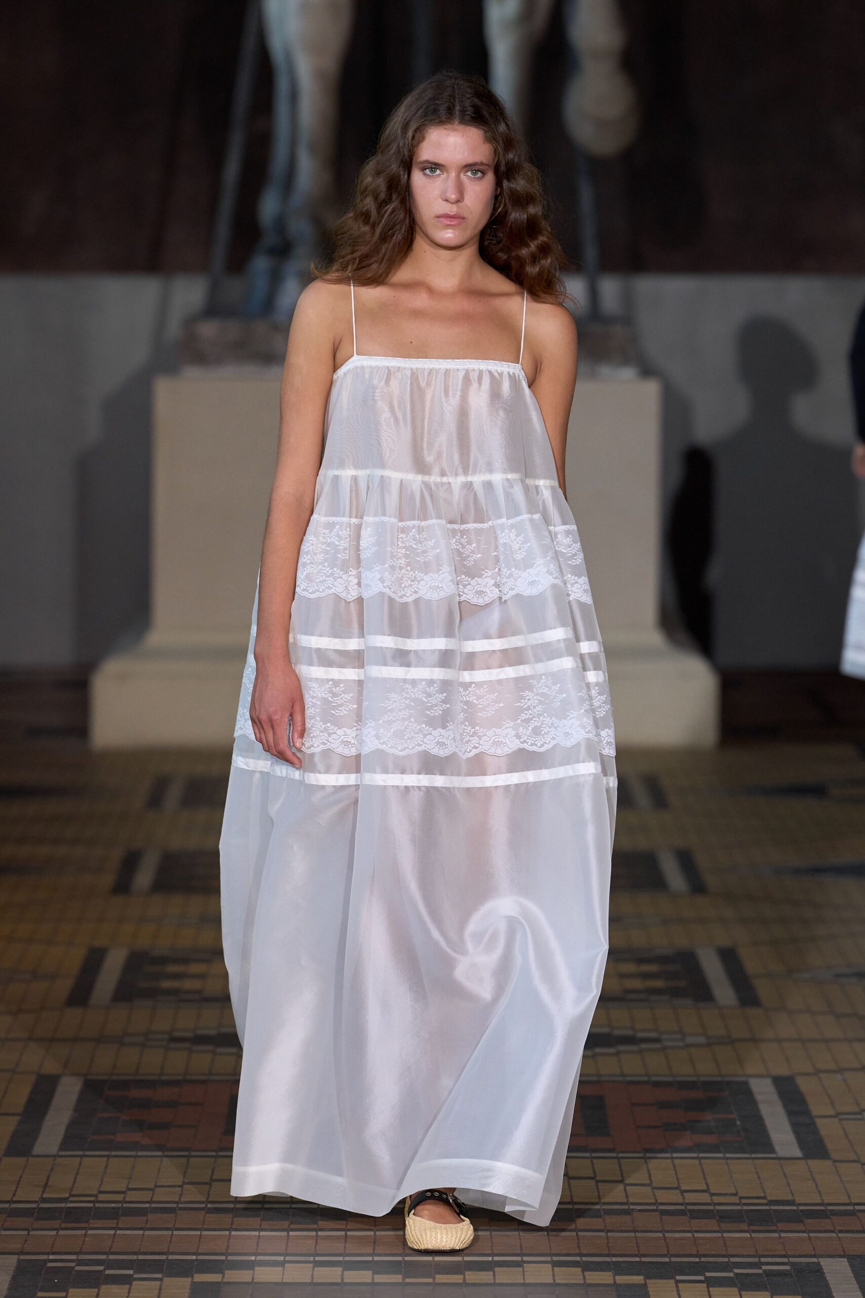 white silk sleeveless relaxed layered sheer maxi gown