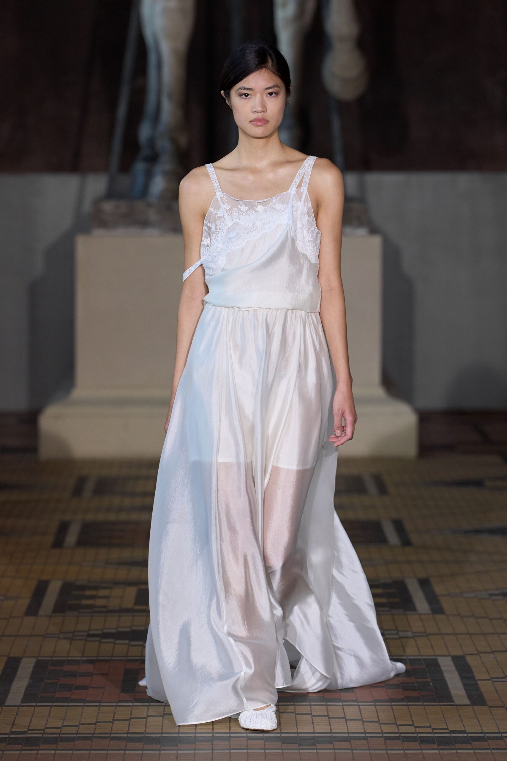white silk sleeveless v-neck fitted layered sheer gown