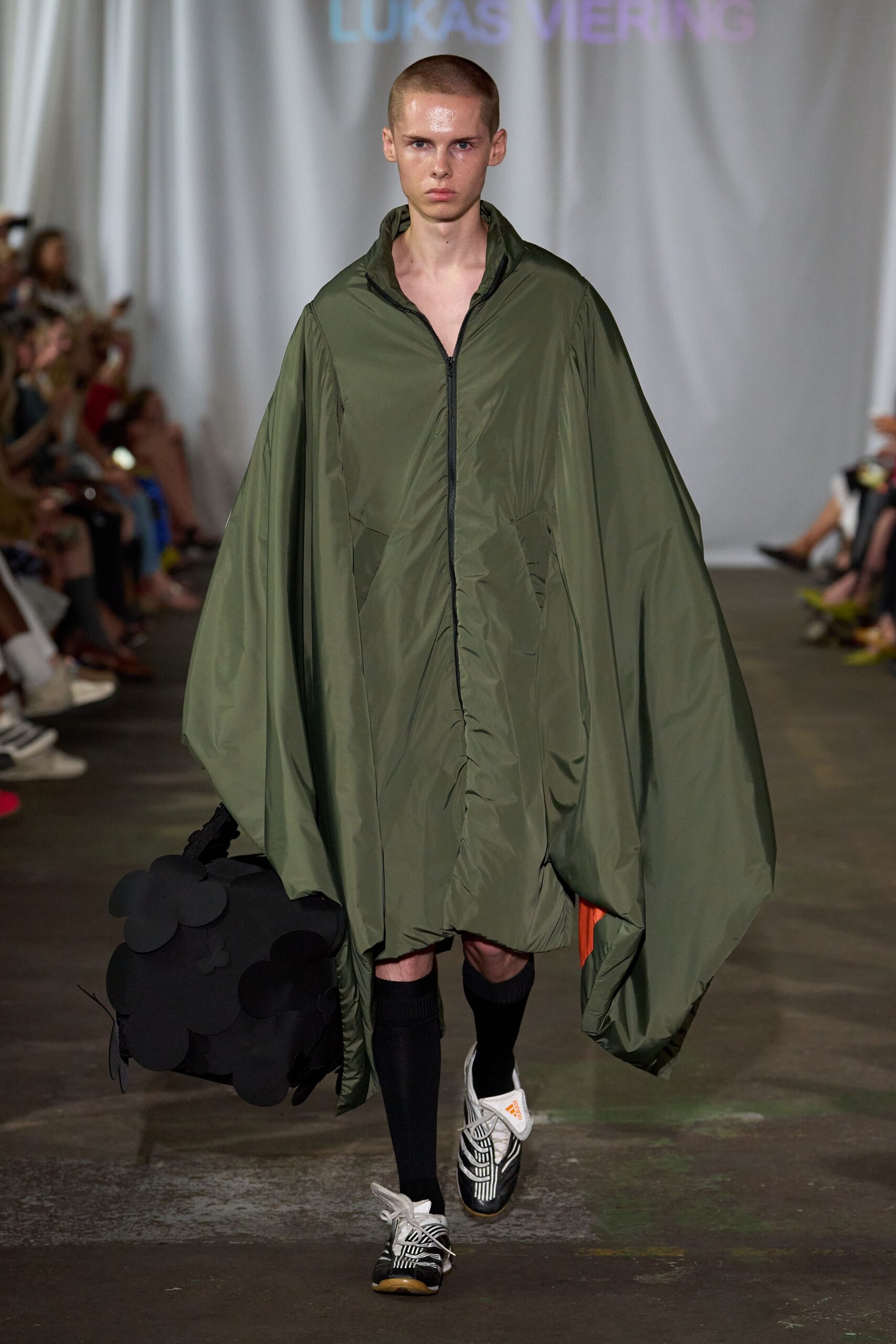 green jersey long-sleeve collared oversized draped cape