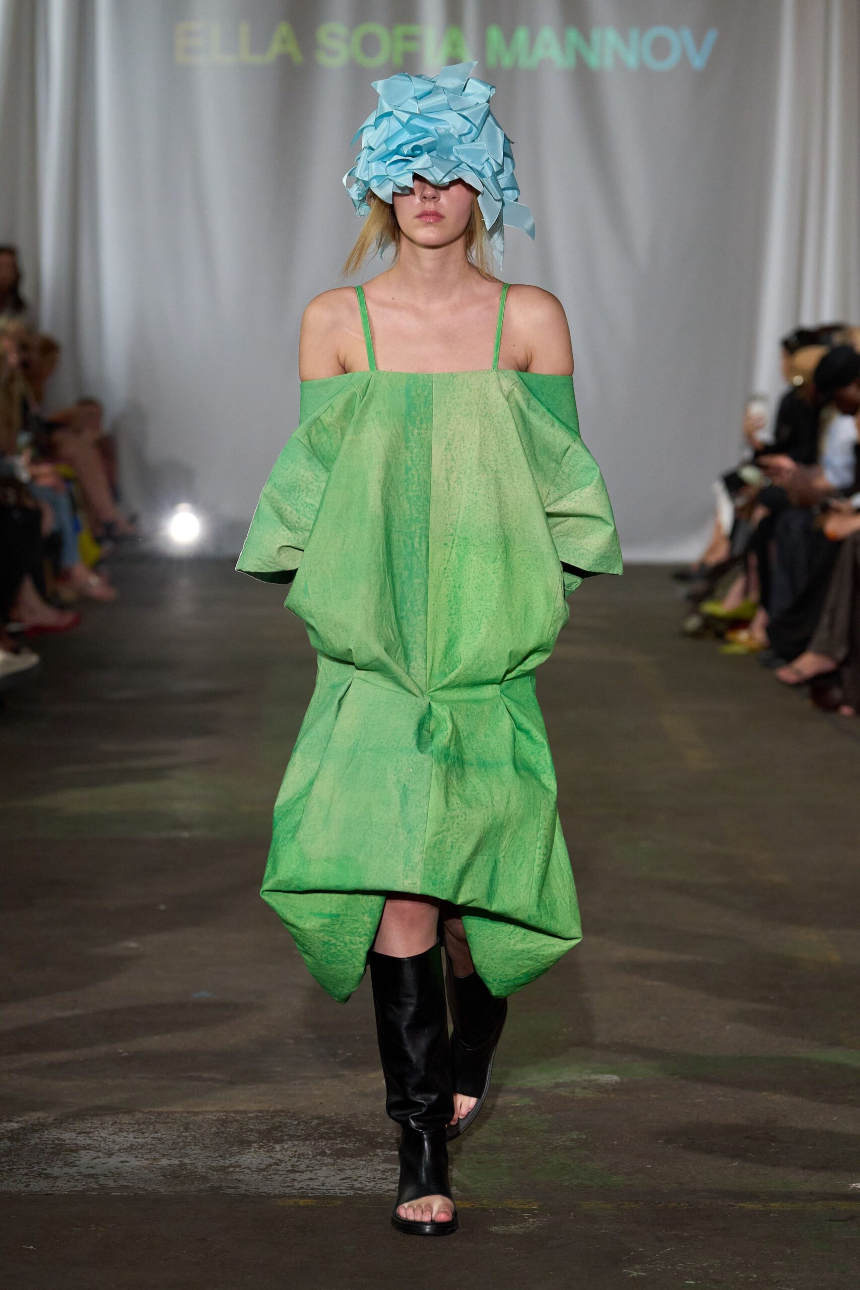 green cotton sleeveless off-shoulder relaxed draped midi dress