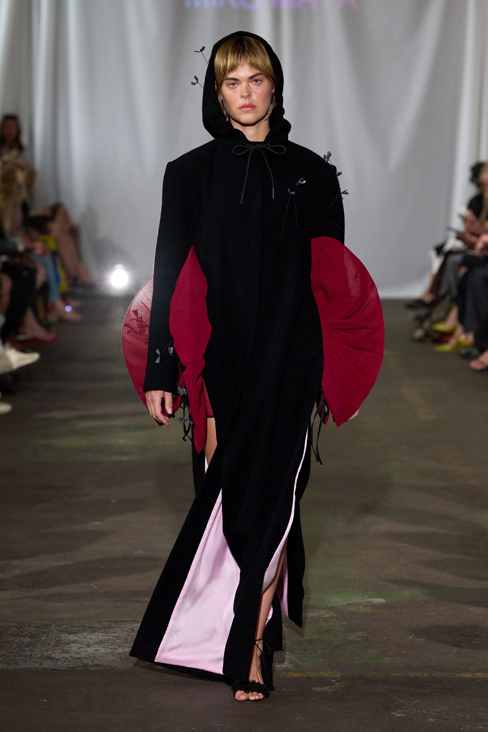 black cotton long-sleeve hooded fitted draped maxi dress