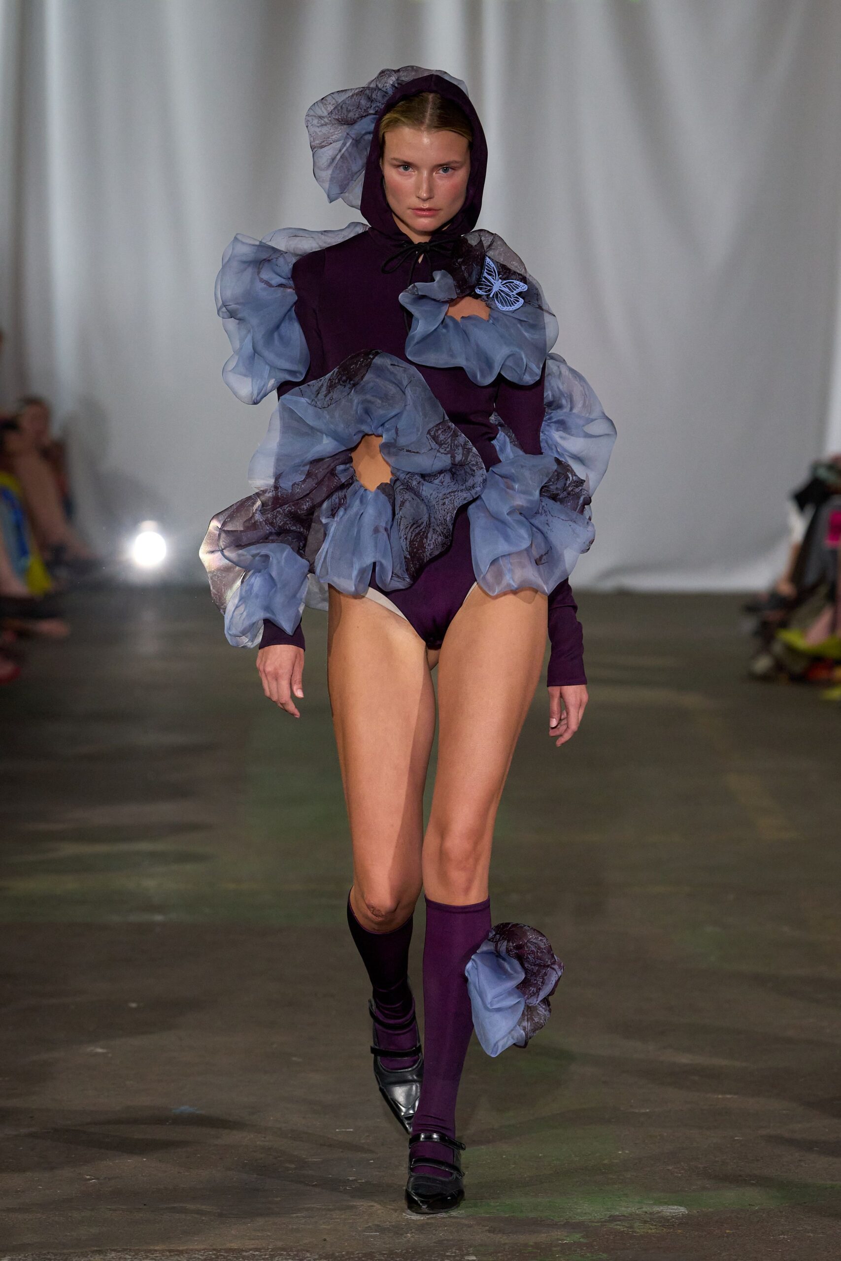 purple cotton long-sleeve hooded fitted ruffled bodysuit