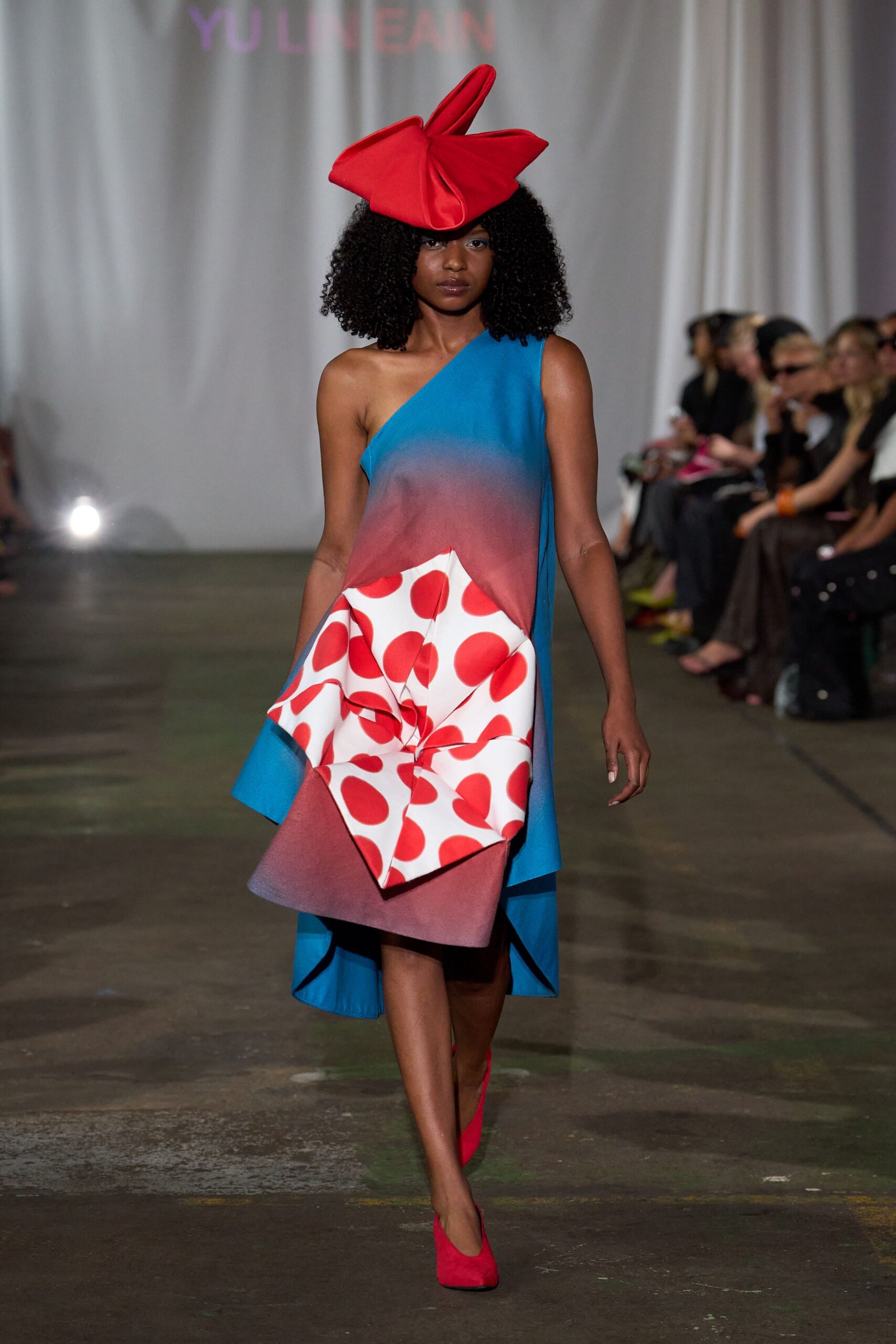 blue silk sleeveless asymmetric fitted draped color-blocked dress