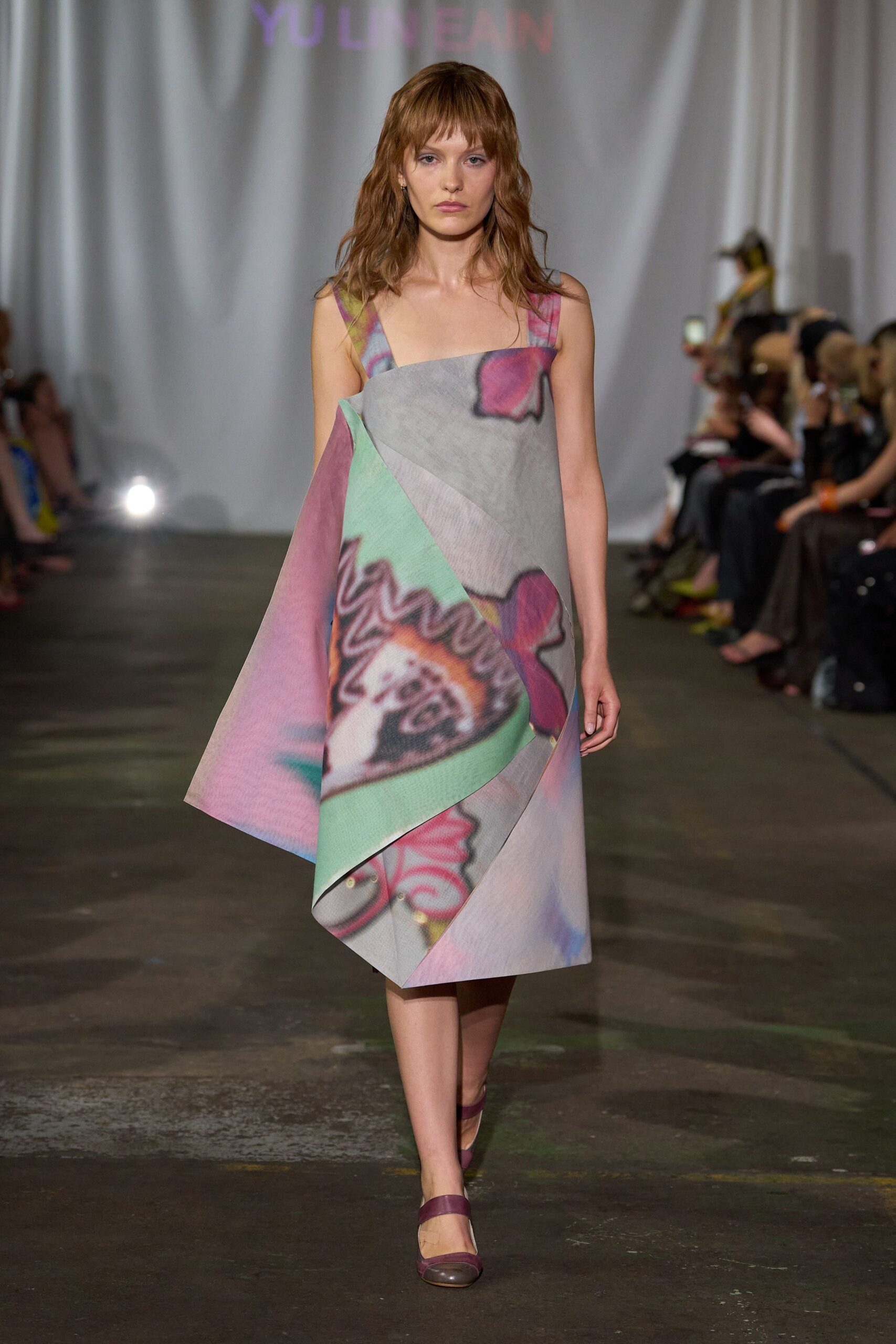multi silk sleeveless v-neck fitted draped flowing dress