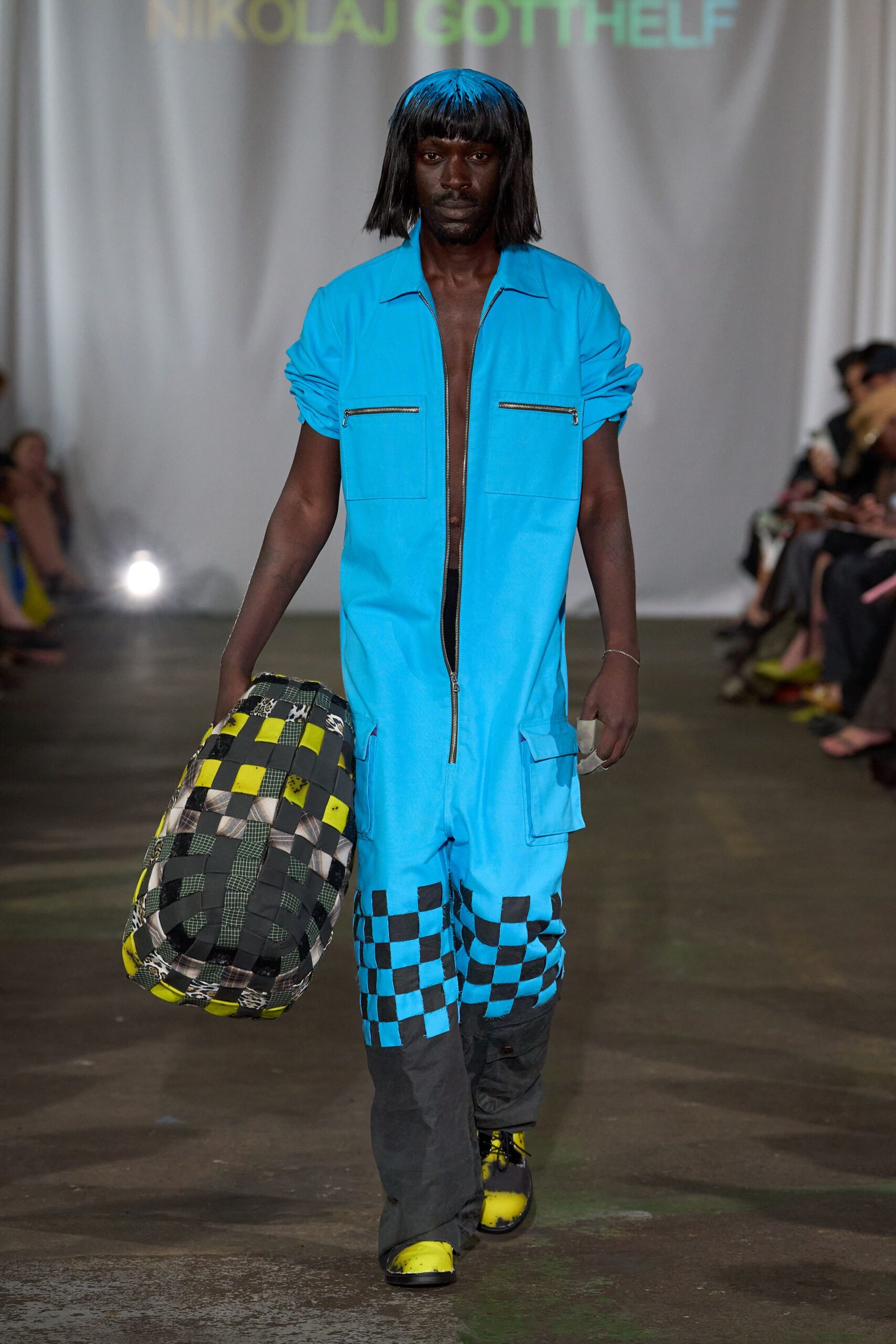 blue cotton short-sleeve collared relaxed zippered checked jumpsuit