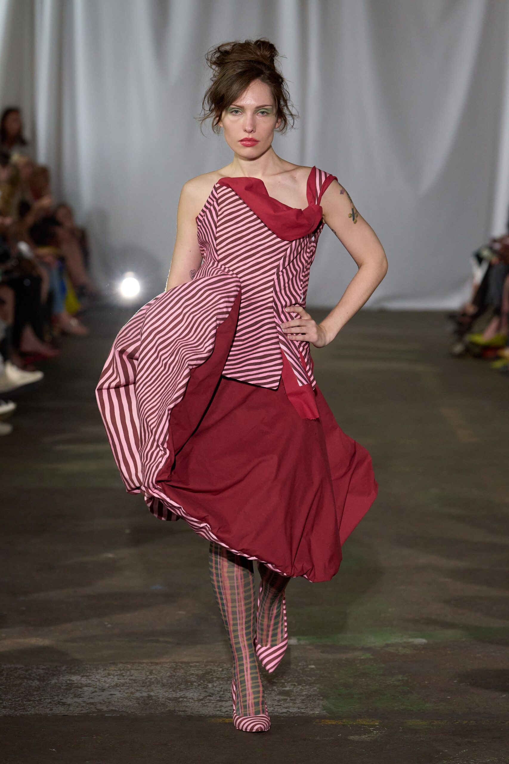 red cotton sleeveless asymmetric fitted striped flared dress