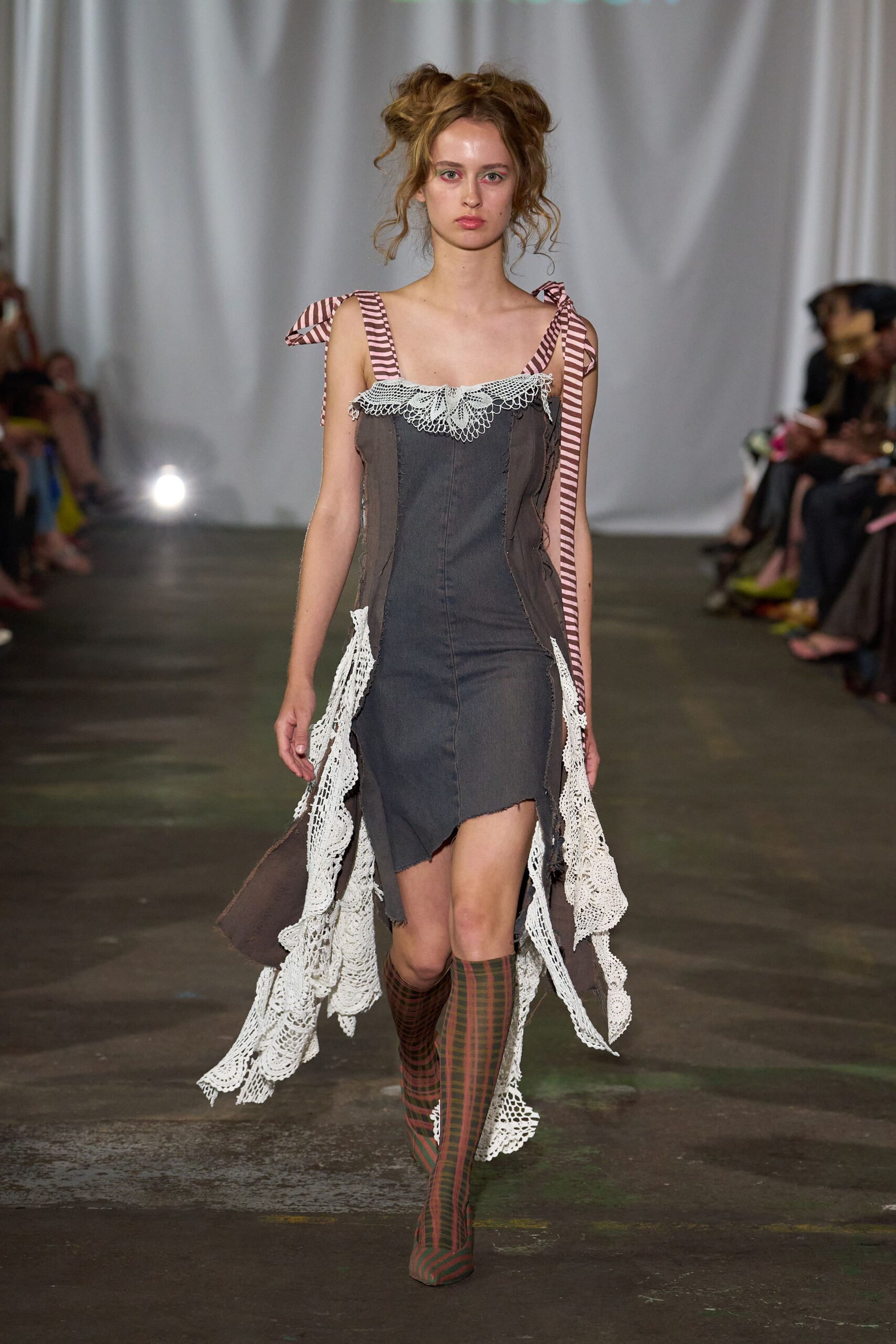 gray denim sleeveless v-neck fitted layered ruffled dress
