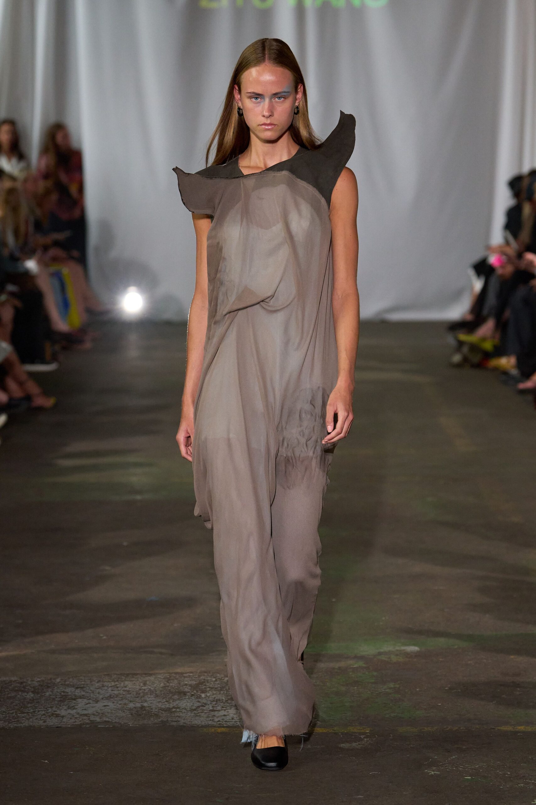 brown silk sleeveless high-neck relaxed draped flowing dress