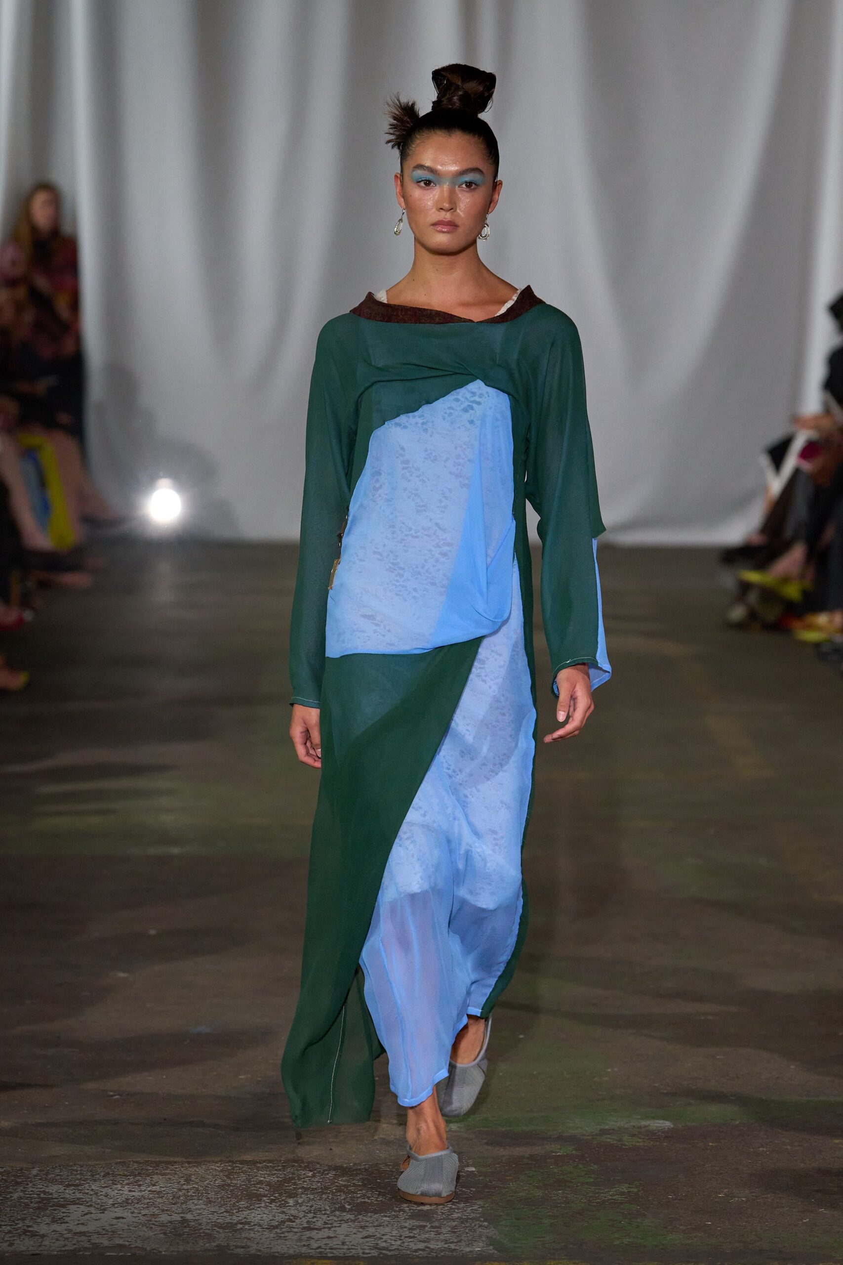 green silk long-sleeve off-shoulder relaxed draped flowing dress