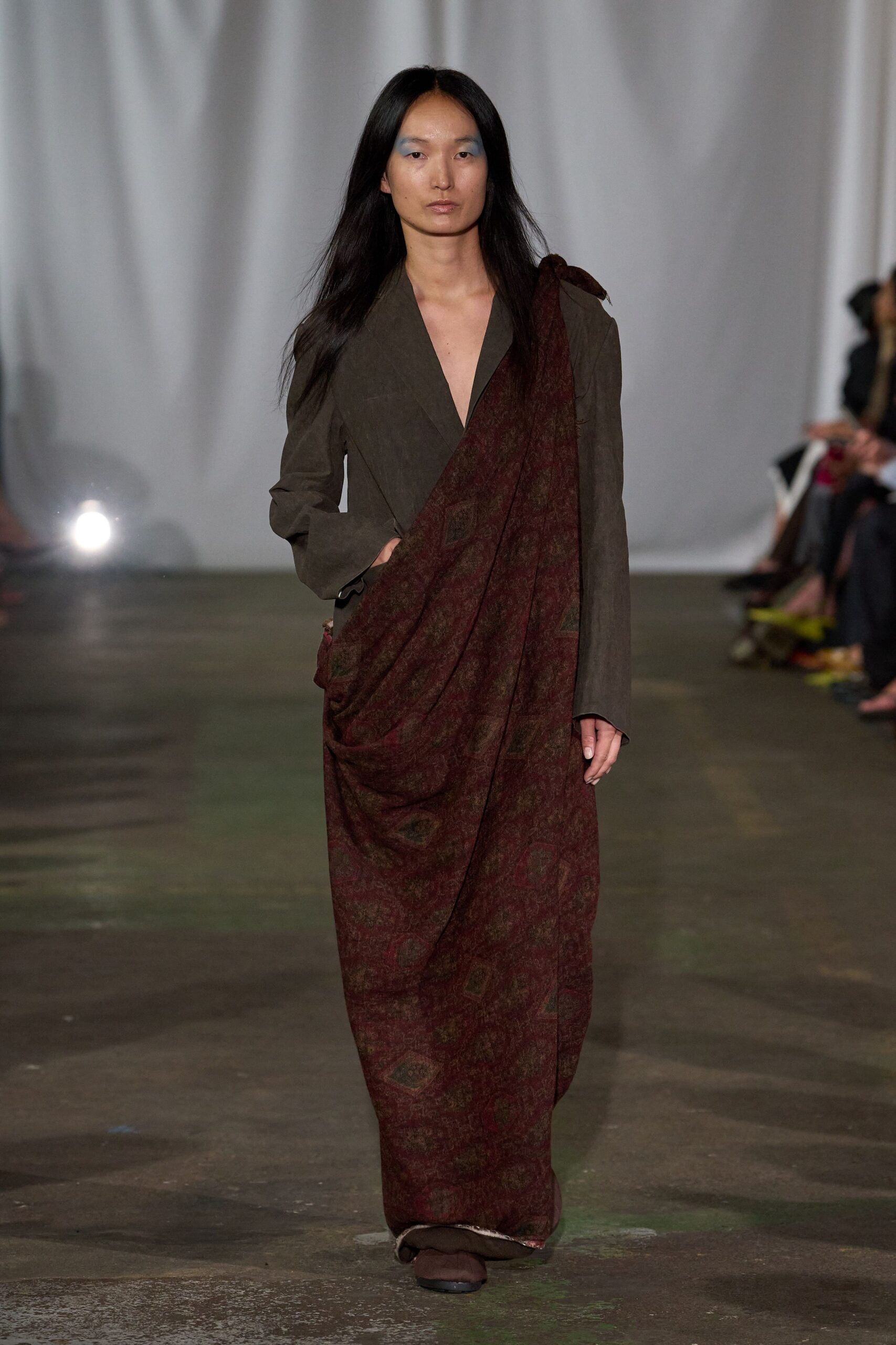 brown cotton long-sleeve collared relaxed draped maxi gown