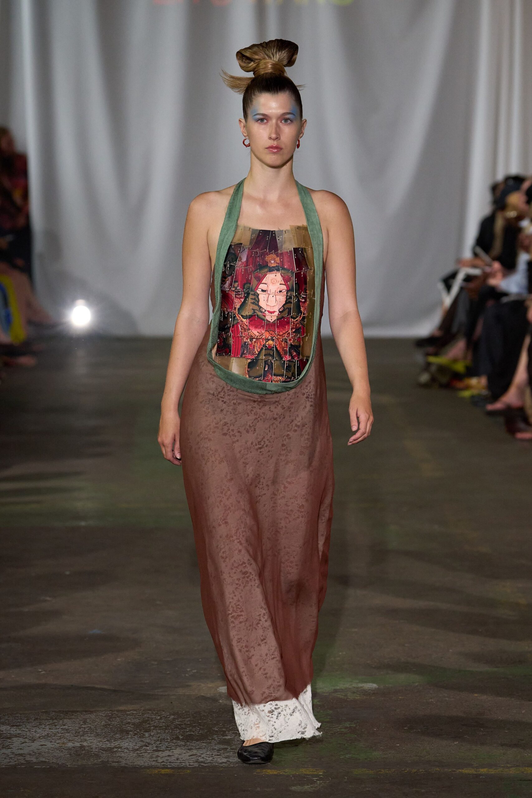 brown silk sleeveless high-neck fitted layered sheer dress