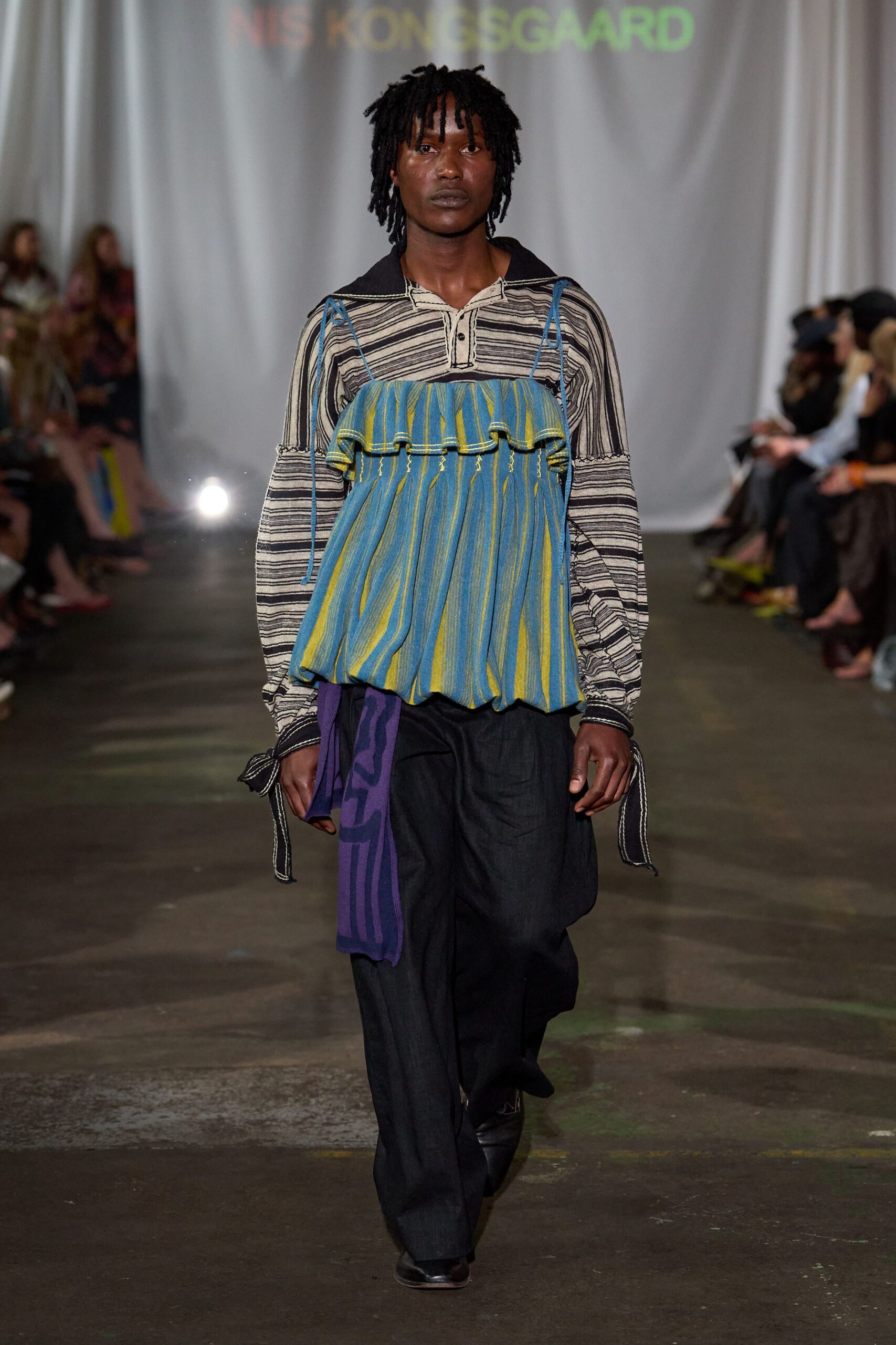 blue cotton long-sleeve collared relaxed striped ruffled shirt