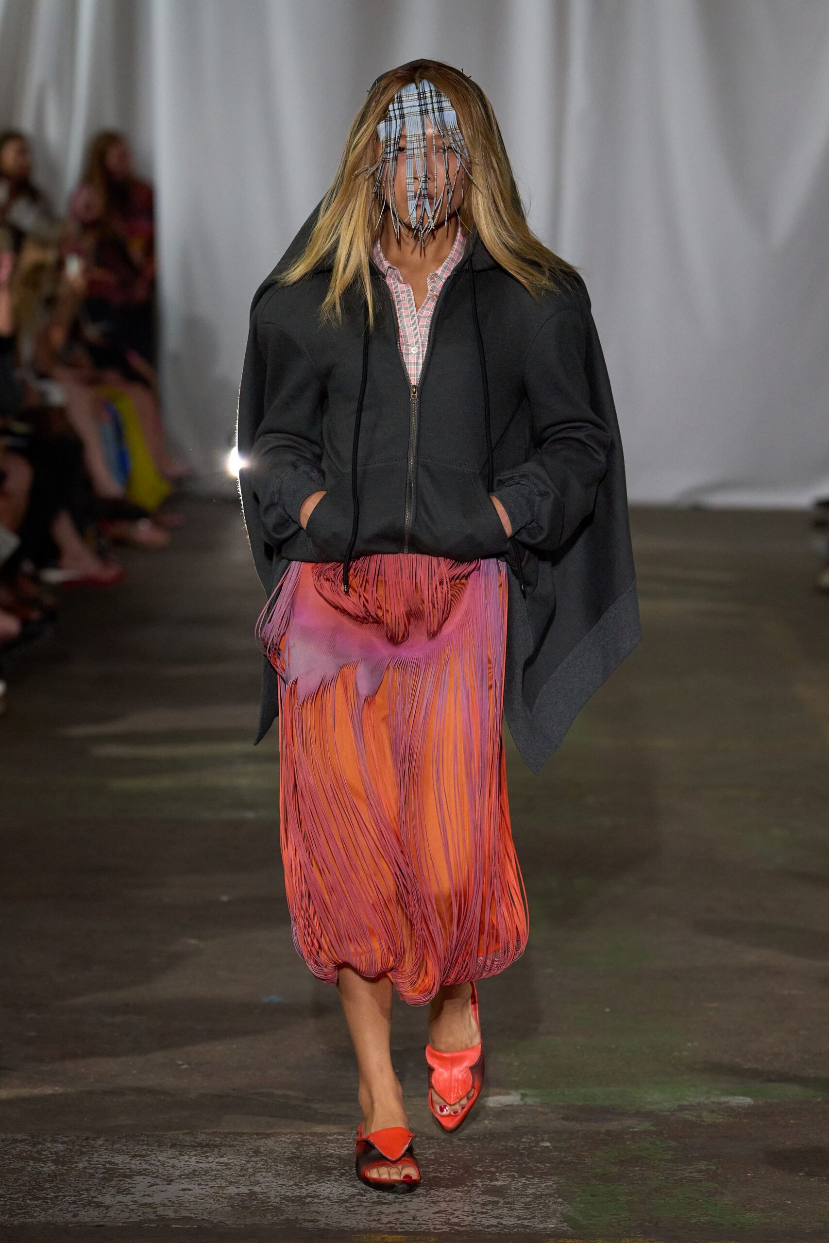 orange silk fitted pleated skirt