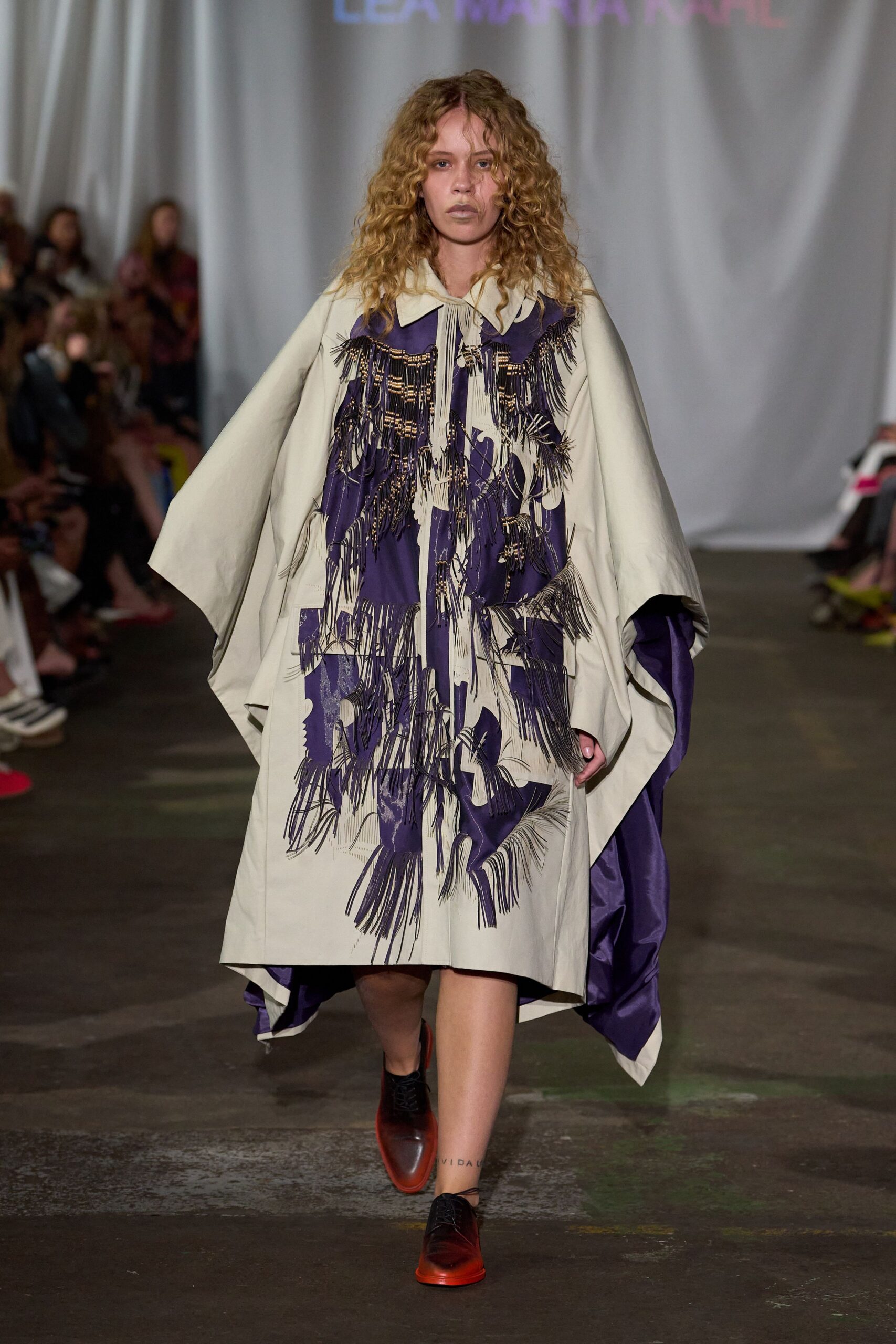 beige cotton long-sleeve collared relaxed fringed cape