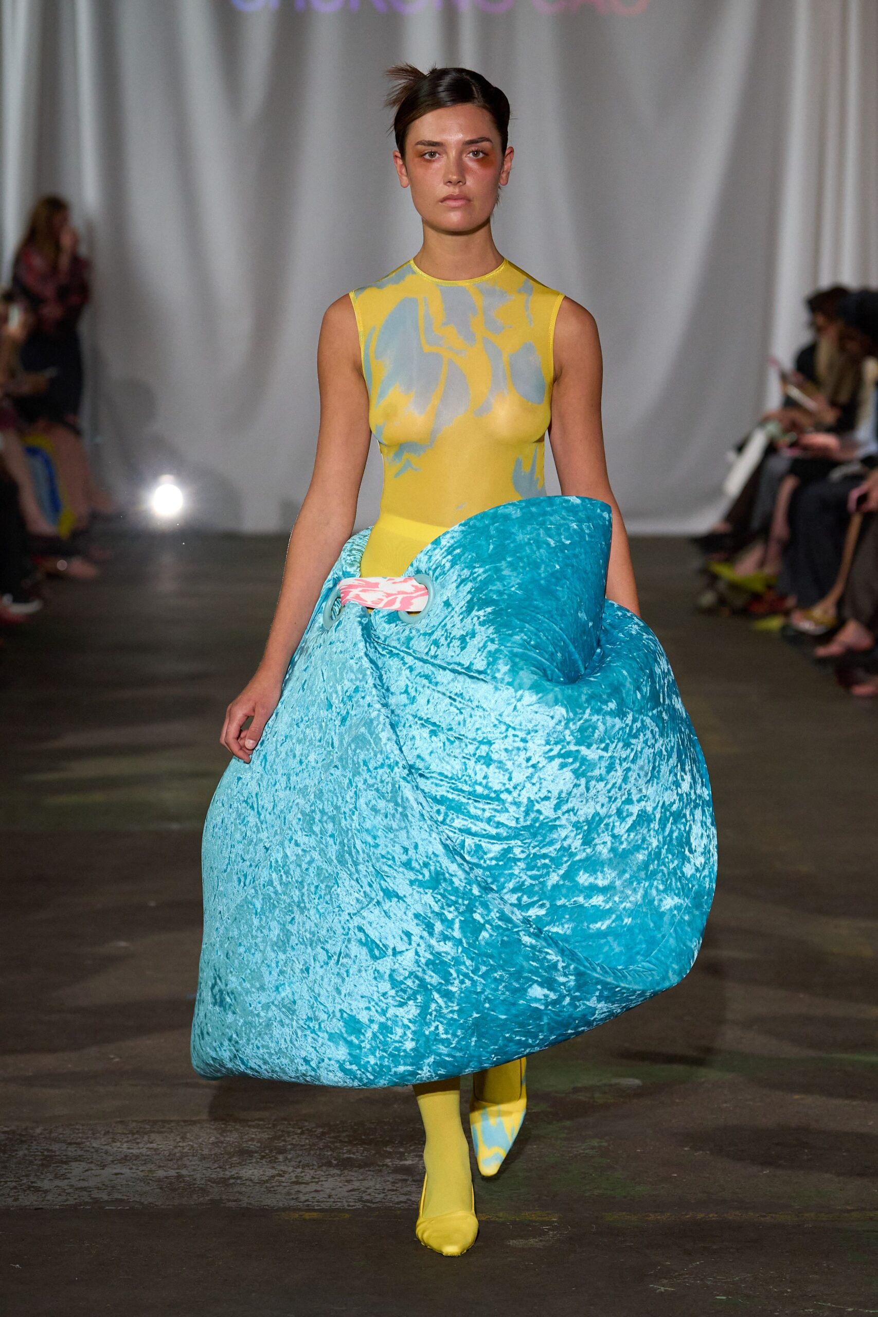 yellow and blue draped dress