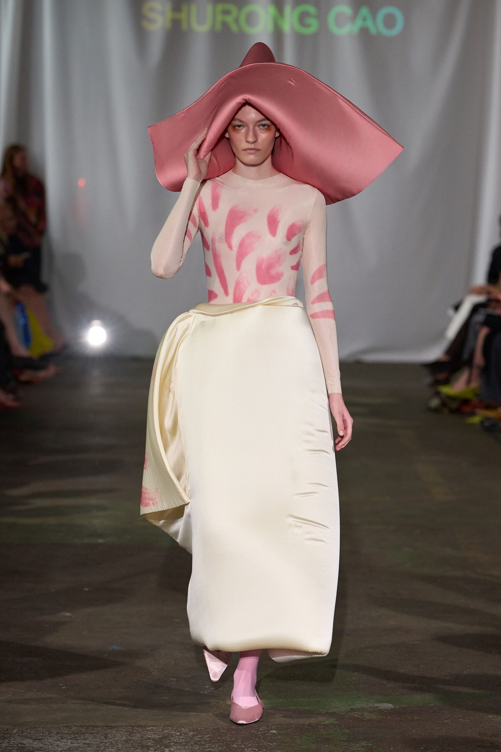 pink silk sleeveless high-neck fitted draped maxi gown
