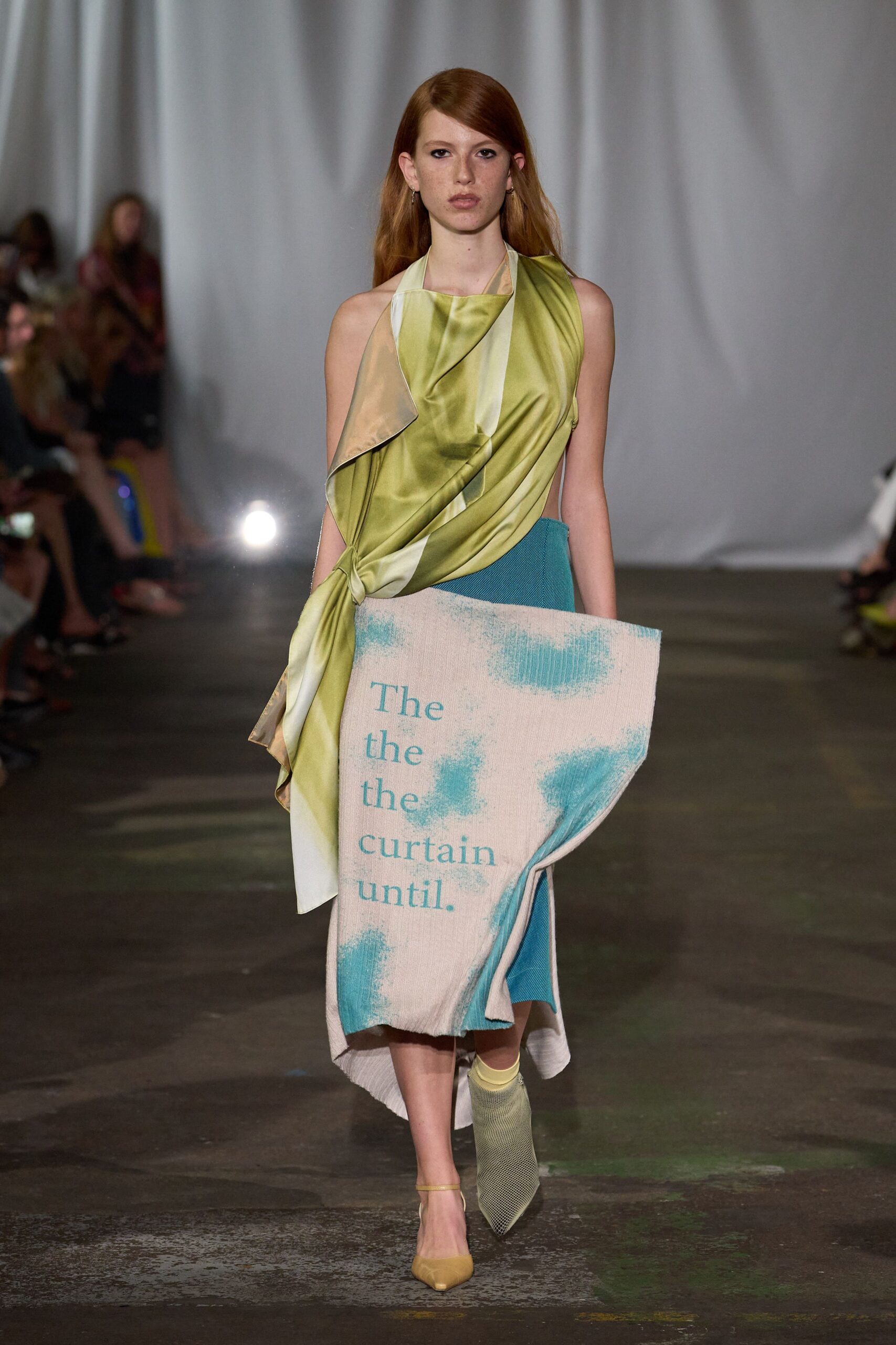 green silk sleeveless asymmetric fitted draped layered dress