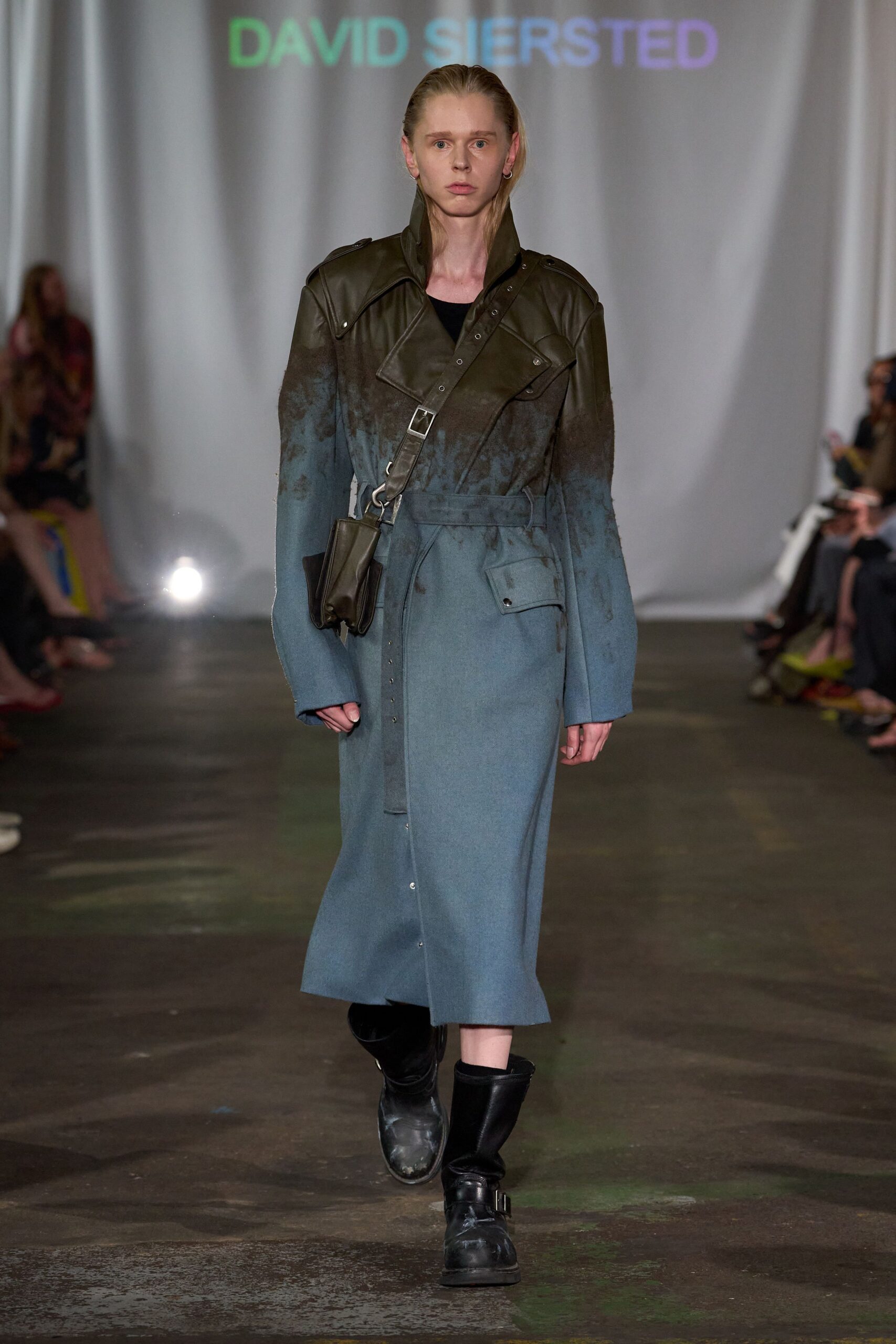 blue wool long-sleeve collared relaxed zippered layered coat