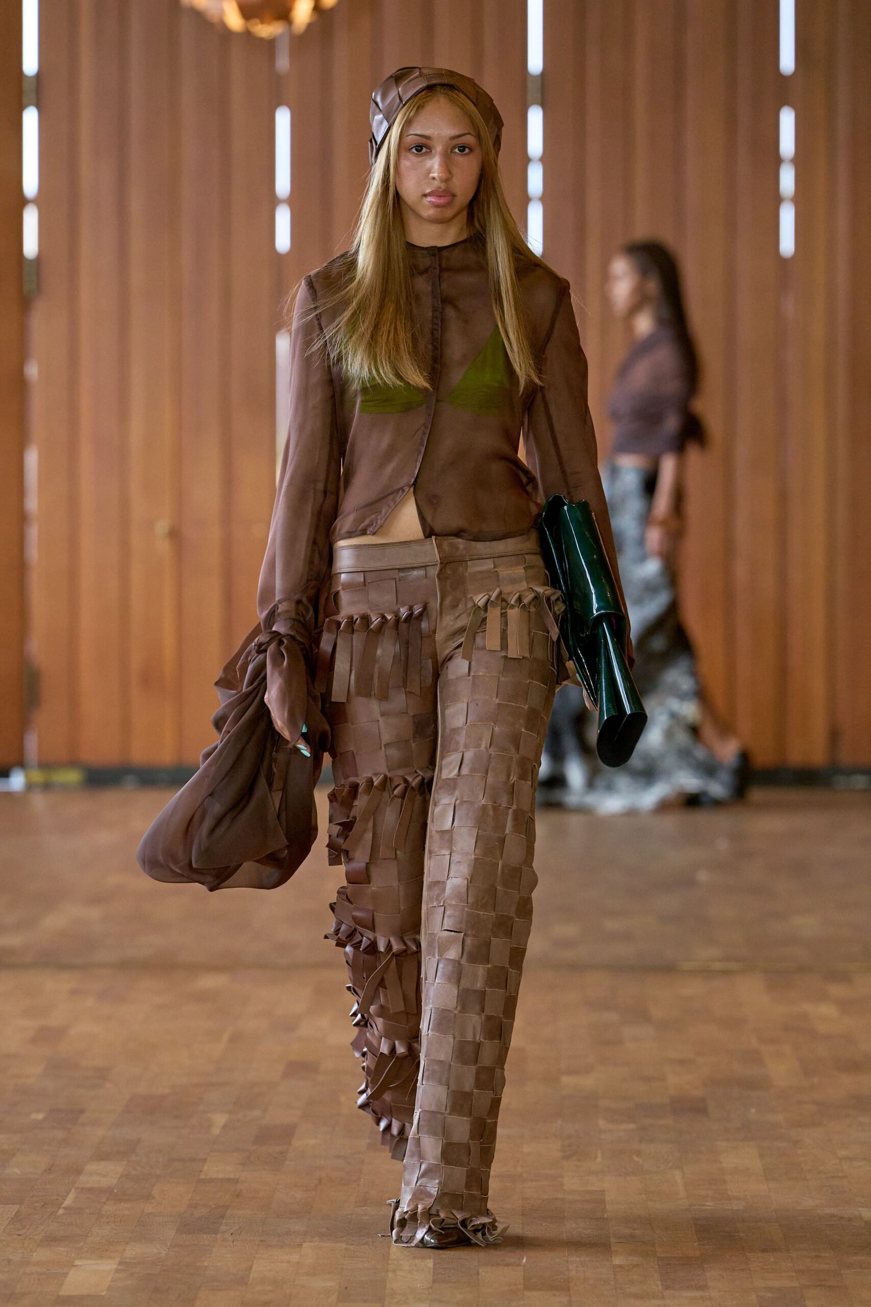 brown silk fitted pleated pants