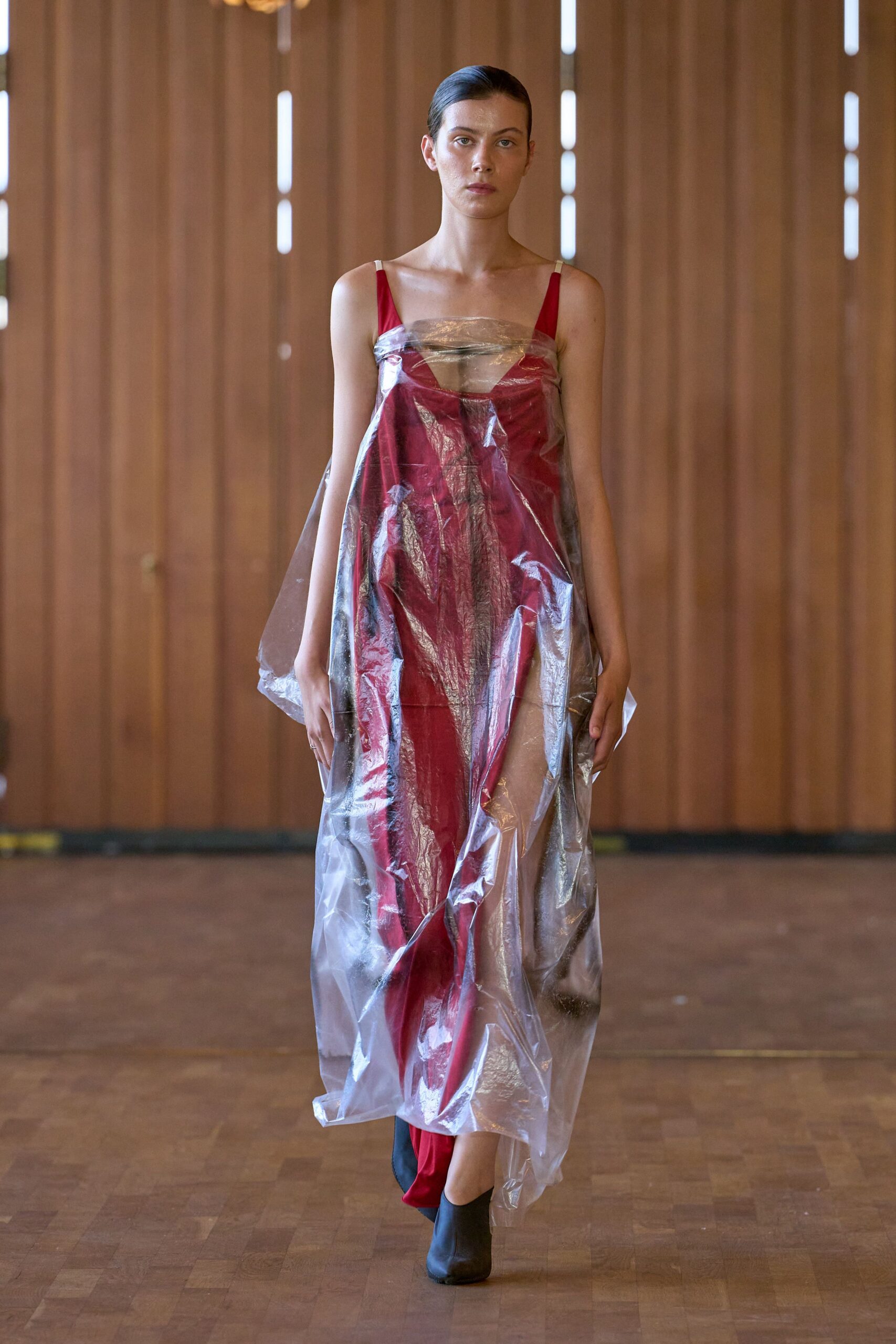 clear vinyl strapless sheer shiny maxi dress