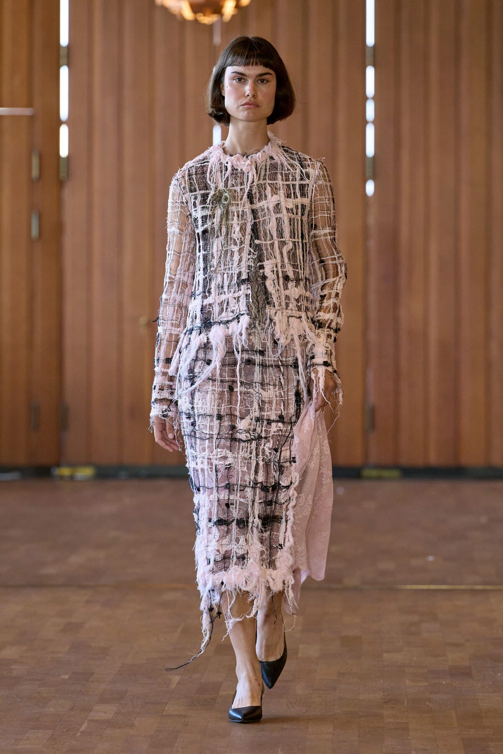 pink silk long-sleeve collared fitted fringed layered dress