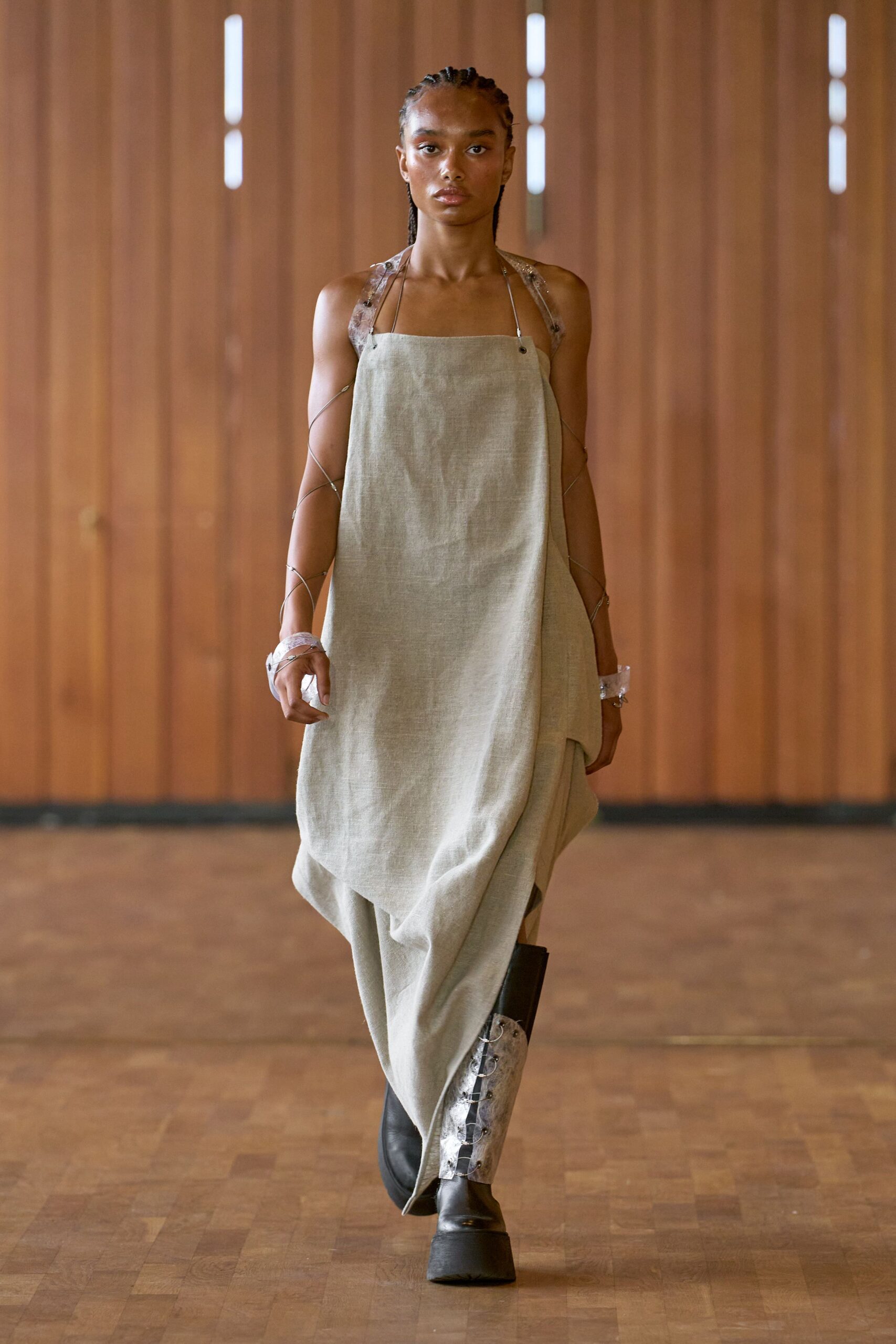 beige linen sleeveless high-neck relaxed draped maxi dress